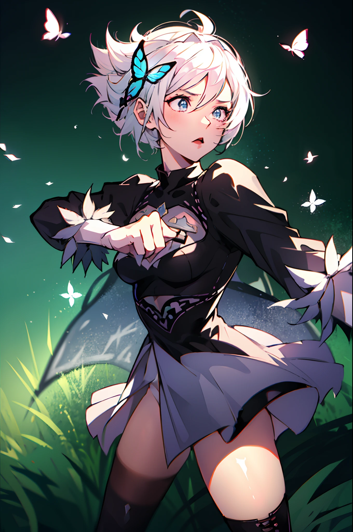 Octane Render、(Hyper-detailing: 1.15)、cinematic lightening、Cute Fantasy Princess、Handgun shooting practice、Fine Pattern Pistol,long boots、ultradetailed eyes、Full Paint、(Floral hair ornament、butterfly hair ornament)、masutepiece、Anatomically correct、blur、depth of fields