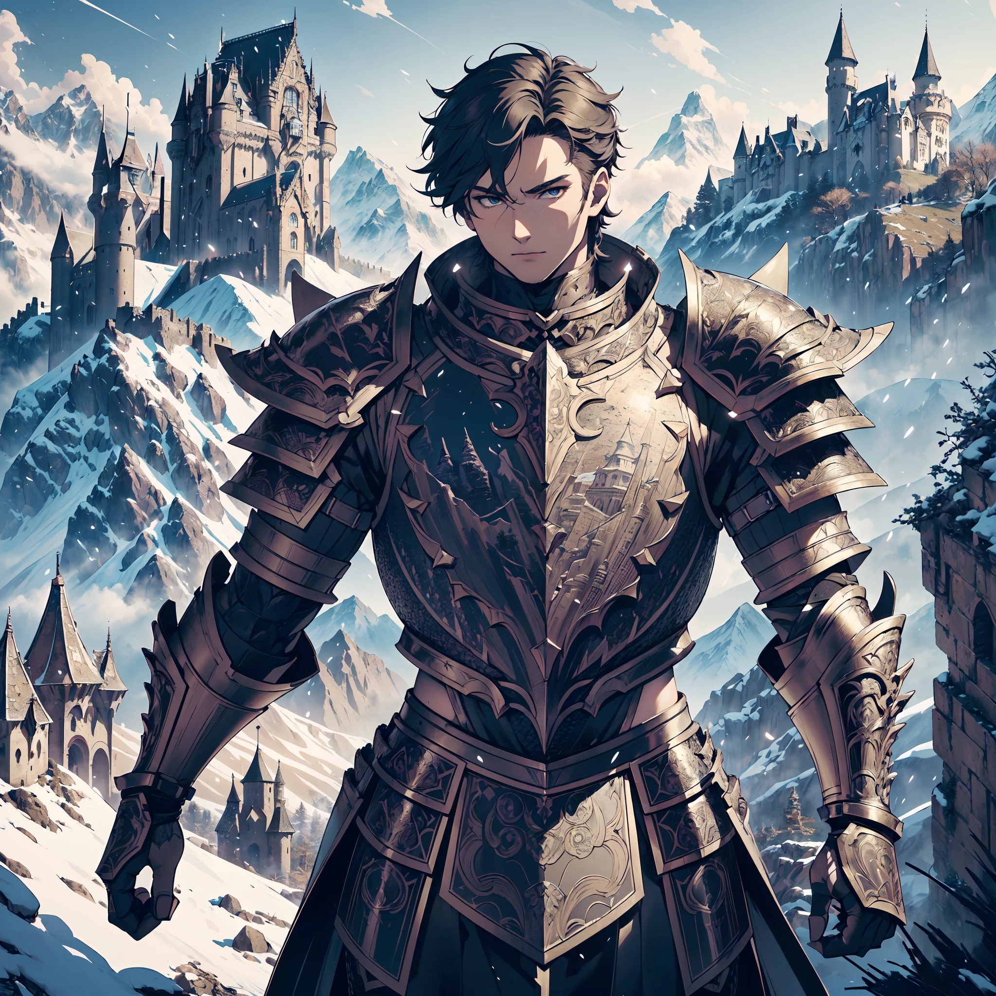 128K Resolution,
Ultra High Definition,
Best Quality,
Hyper Detailed,
Masterpiece,
Anime,
Body Shot,
1 Boy,
Handsome,
Hyper Detailed Short Hair,
(((Hyper Detailed Armor Plates))),
(((Hyper Detailed Undershirt))),
(((Hyper Detailed Engraving Baron Armor))),
(((Mountain Castle Background Scenery))),