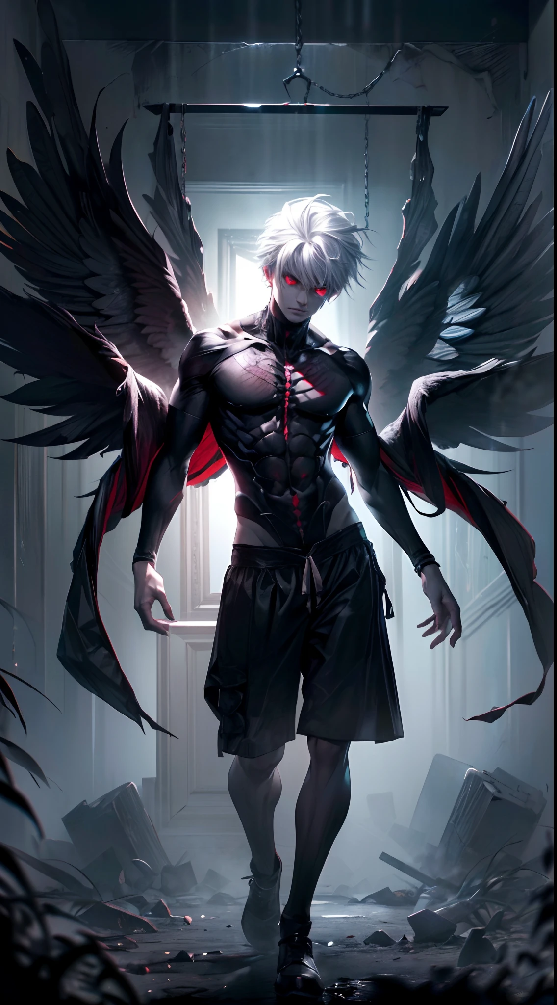 (best quality,highres,realistic:1.37),(full body shot), dark angel boy, portrait,black and white,soft lighting,smoky atmosphere, white hair,fierce gaze,menacing presence,ethereal,vivid red eyes,mysterious aura,ominous shadows,dark and mystical ambiance,enchanted background,tall figure,dramatic pose,hauntingly beautiful.