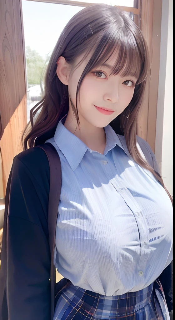 masutepiece, Best Quality、Realistic, ( Intricate details, depth of fields)、Hyper-Realism, 8K, Best Quality, Super Detail, retinas, ighly detailed, Perfect face, Perfect body, Huge breasts, Constriction, Very big ass, Glamour, indirect lighting, blondehair、hair wavy, short-hair、prety woman, the perfect appearance, Smile, ta, Oily skin、shinny skin, hi-school girl、校服、The shirt、Plaid skirt、Beautiful natural places、 Anatomically correct