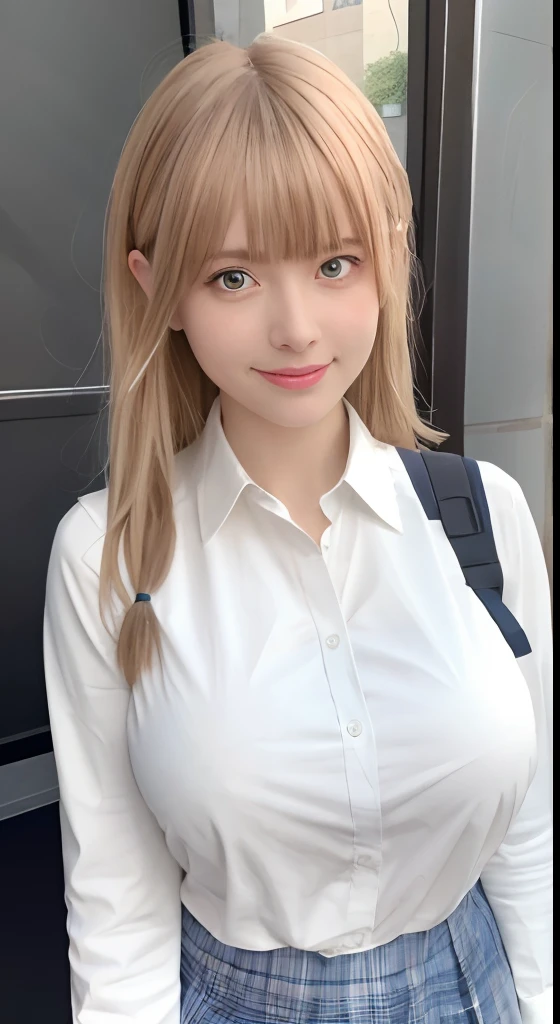 masutepiece, Best Quality、Realistic, ( Intricate details, depth of fields)、Hyper-Realism, 8K, Best Quality, Super Detail, retinas, ighly detailed, Perfect face, Perfect body, Huge breasts, Constriction, Very big ass, Glamour, indirect lighting, blondehair、hair wavy, short-hair、prety woman, the perfect appearance, Smile, ta, Oily skin、shinny skin, hi-school girl、校服、The shirt、Plaid skirt、Beautiful natural places、 Anatomically correct