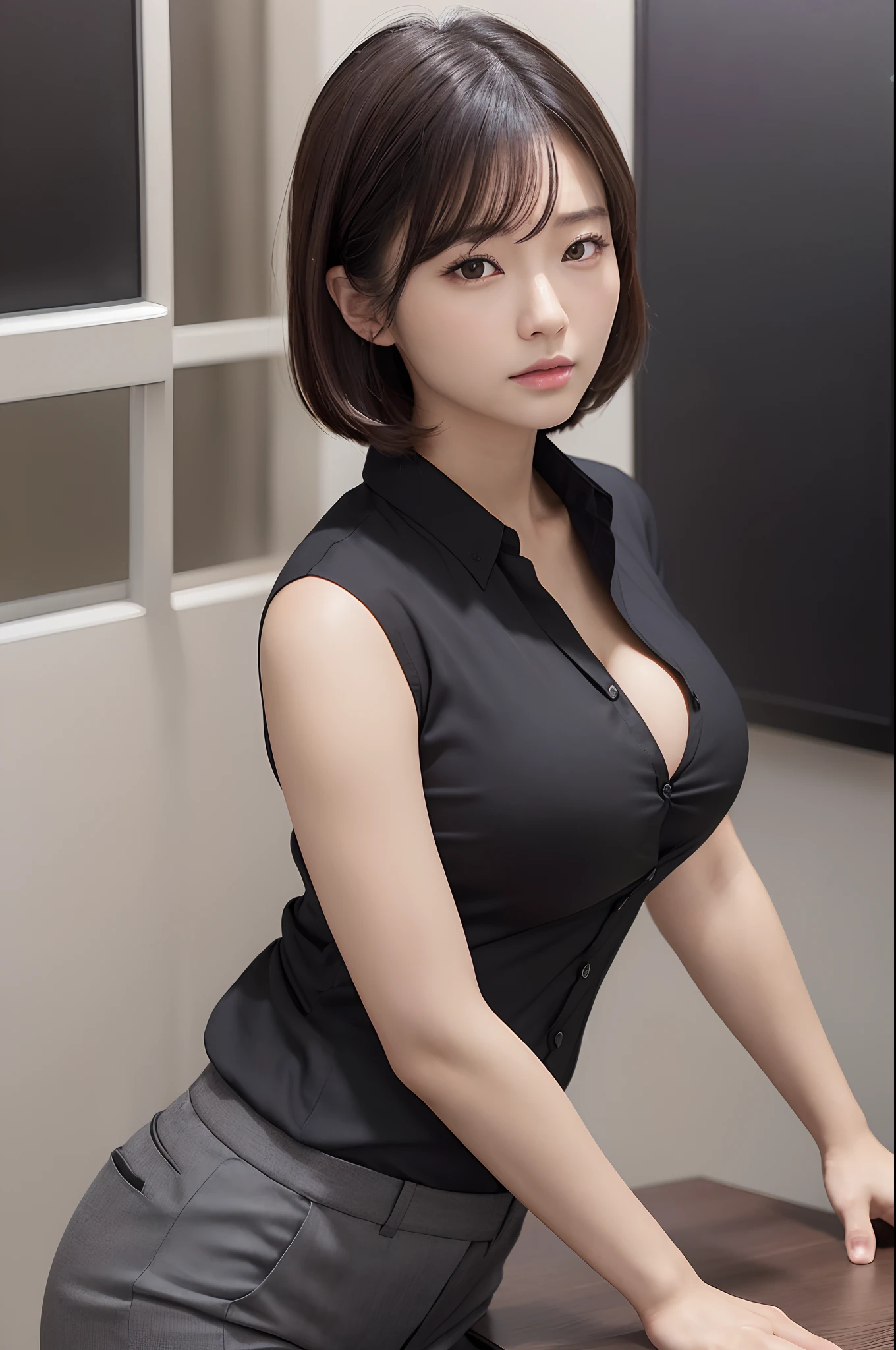 ((photorealistic)), (realistic), (ultra high definition), best quality, masterpiece, ((a japanese female)), ((super fine face)), high definition face, high definition fingers, closed mouth, (black business shirt), (gray pants), sagging breasts, cleavage, short hair, side view, upper body, (meeting room)