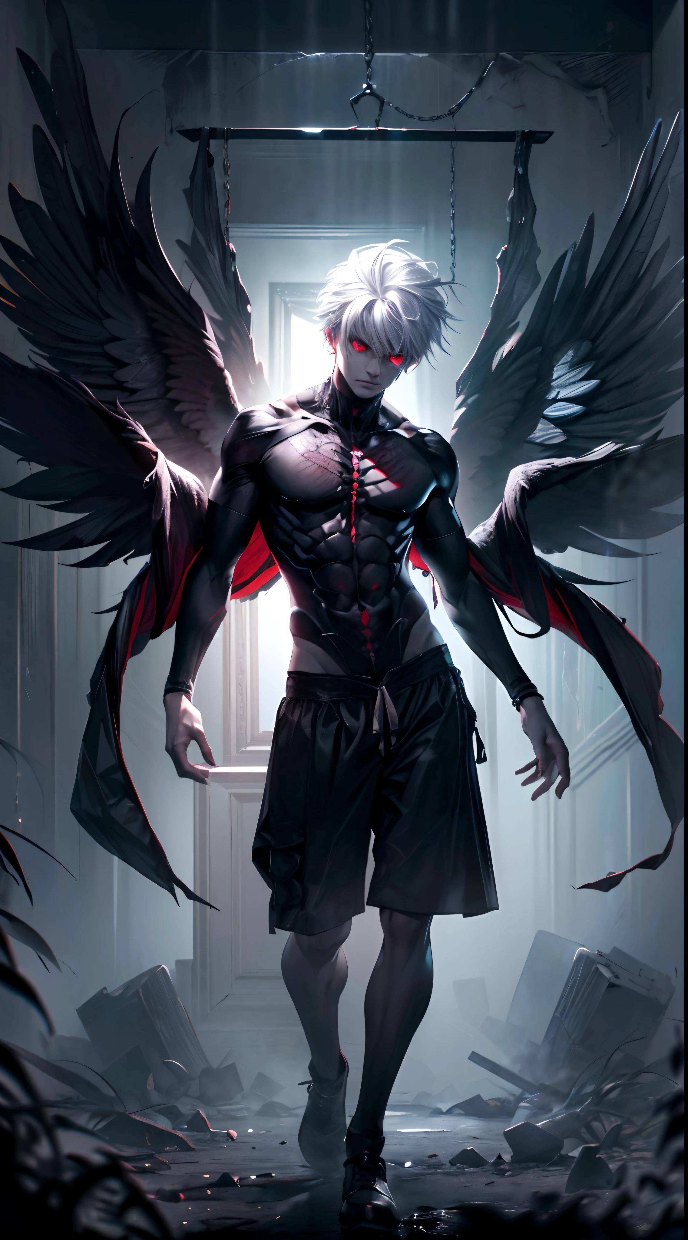 (best quality,highres,realistic:1.37),(full body shot), dark angel boy, portrait,black and white,soft lighting,smoky atmosphere, white hair,fierce gaze,menacing presence,ethereal,vivid red eyes,mysterious aura,ominous shadows,dark and mystical ambiance,enchanted background,tall figure,dramatic pose,hauntingly beautiful.