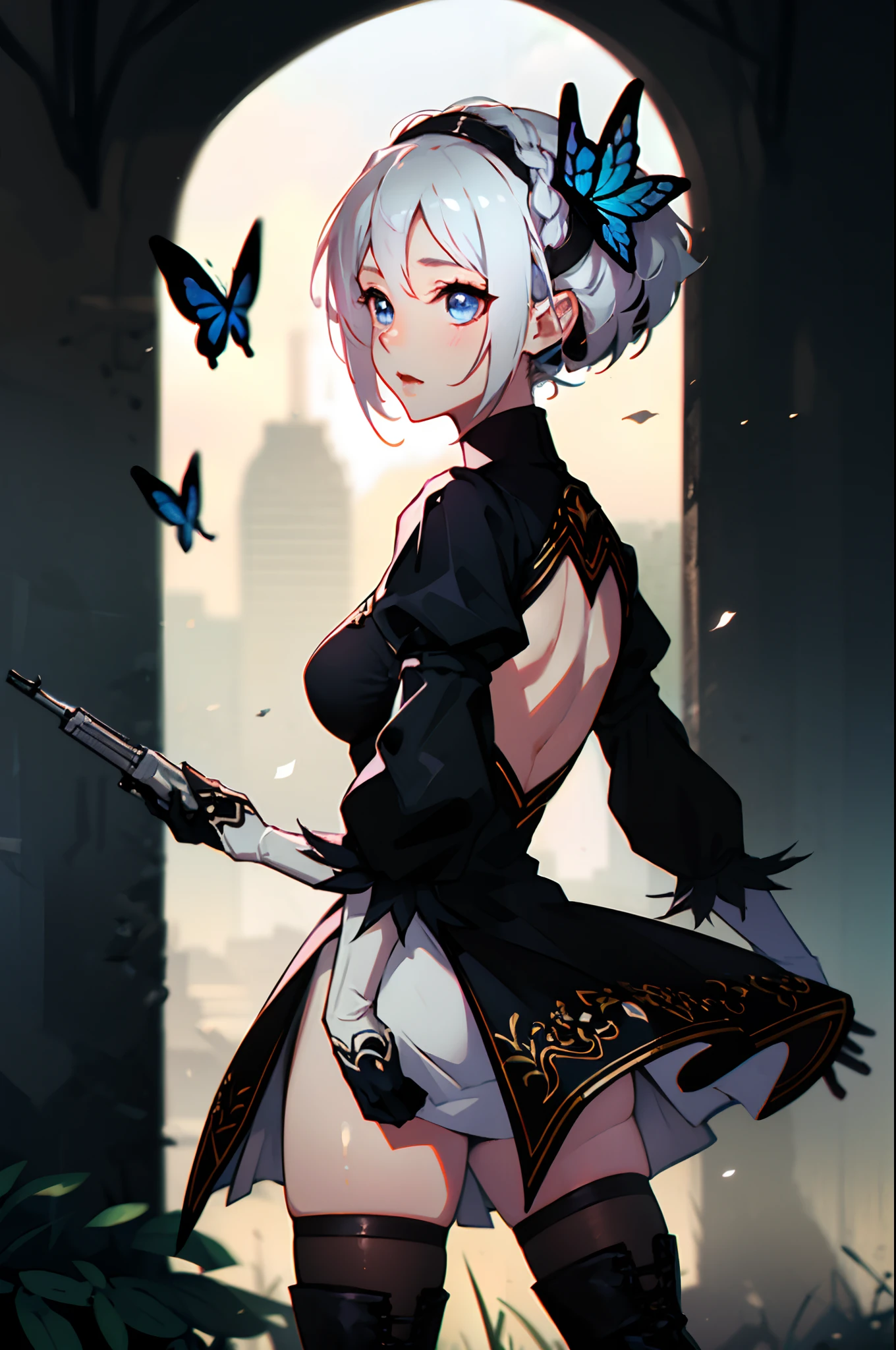Octane Render、(Hyper-detailing: 1.15)、cinematic lightening、Taken from behind、Cute Fantasy Princess、Handgun shooting practice、Fine Pattern Pistol,long boots、ultradetailed eyes、Full Paint、(Floral hair ornament、butterfly hair ornament)、masutepiece、Anatomically correct、blur、depth of fields