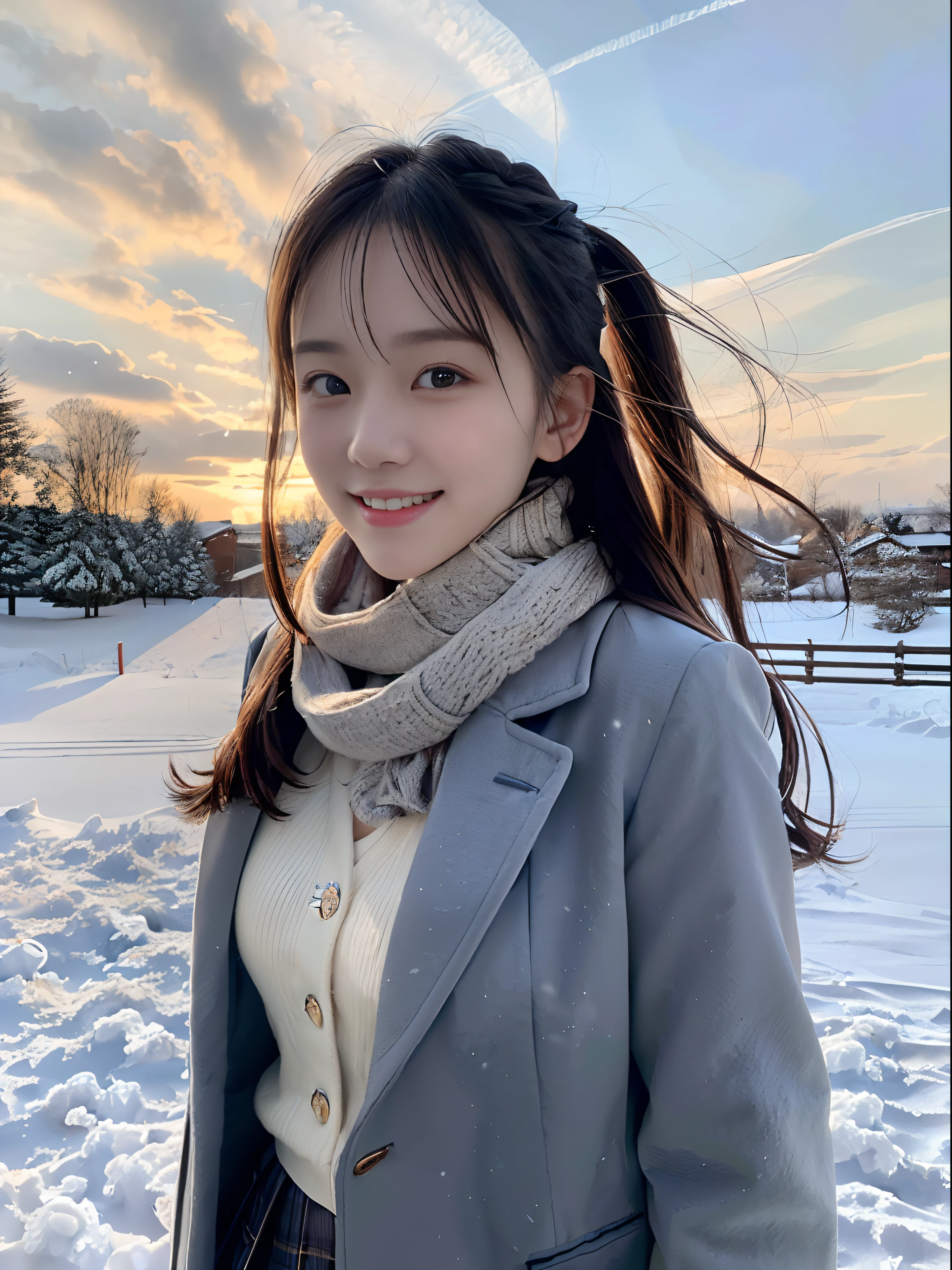 (Close up portrait of one girl with slender small breasts and twin-tailed long hair in a winter school uniform and coat with a scarf:1.5)、(One girl with small smile and hair fluttering in the wind :1.3)、(Beautiful snowy sunset sky:1.5)、(Perfect Anatomy:1.3)、(No mask:1.3)、(complete fingers:1.3)、Photorealistic、Photography、masutepiece、top-quality、High resolution, delicate and pretty、face perfect、Beautiful detailed eyes、Fair skin、Real Human Skin、pores、((thin legs))、(Dark hair)