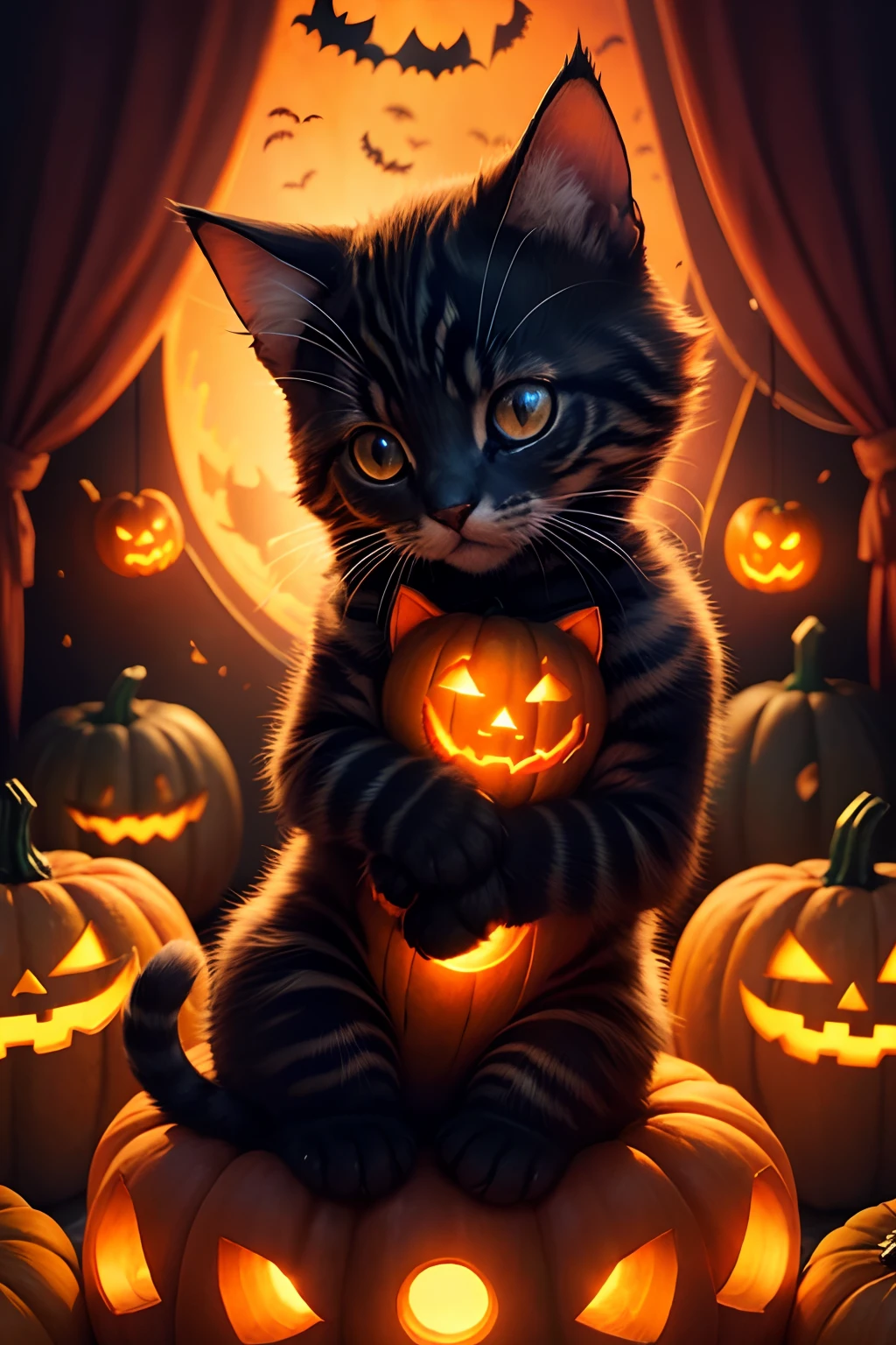 kitten on a pumpkin, pumpkin lights, halloween, fantasy, spooky background