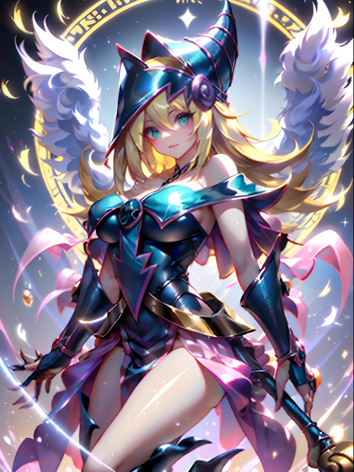 1 mujer dark magician:2 Celestial angel version:1 extendiendo sus alas:3 con un abrigo de plumas blancas, Alas llenas de espalda, Halo radiante, Cabello largo que fluye, Mechanical wings dancing delicately at the waist, Figura mediana, Ombligo hundido, curtains of white feathers in the pelvis moving slightly, mini alas salpicando el cuerpo, multiple wings that emit a yellow glow, fuego amarillo suave entre las alas. Beautiful dark magician girl celestial angel version.