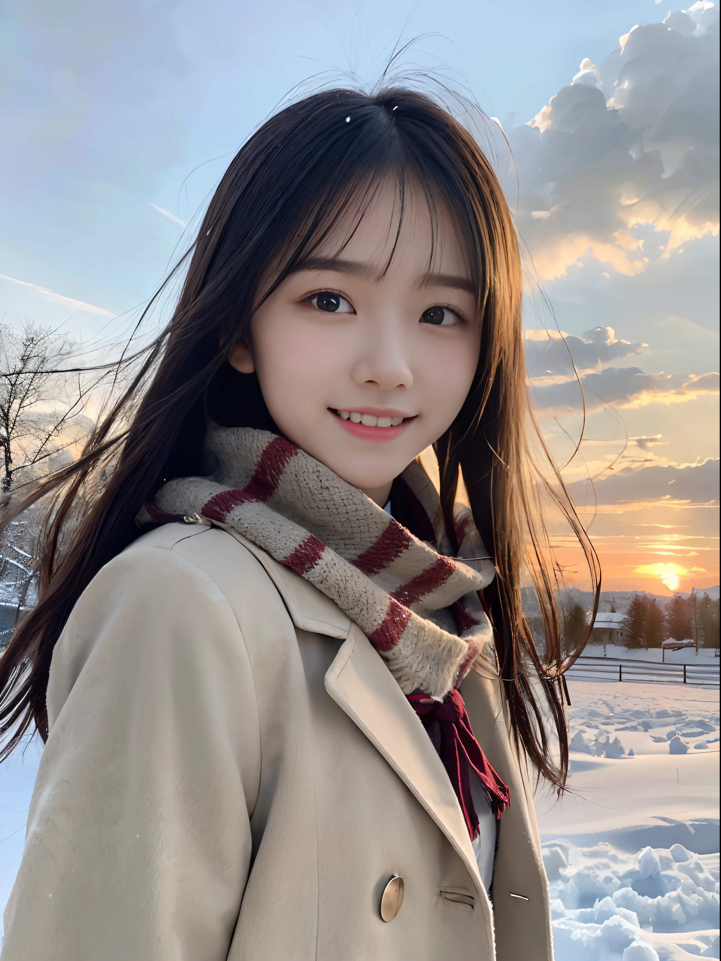 (Close up portrait of one girl with slender small breasts and twin-tailed long hair in a winter school uniform and coat with a scarf:1.5)、(One girl with small smile and hair fluttering in the wind :1.3)、(Beautiful snowy sunset sky:1.5)、(Perfect Anatomy:1.3)、(No mask:1.3)、(complete fingers:1.3)、Photorealistic、Photography、masutepiece、top-quality、High resolution, delicate and pretty、face perfect、Beautiful detailed eyes、Fair skin、Real Human Skin、pores、((thin legs))、(Dark hair)