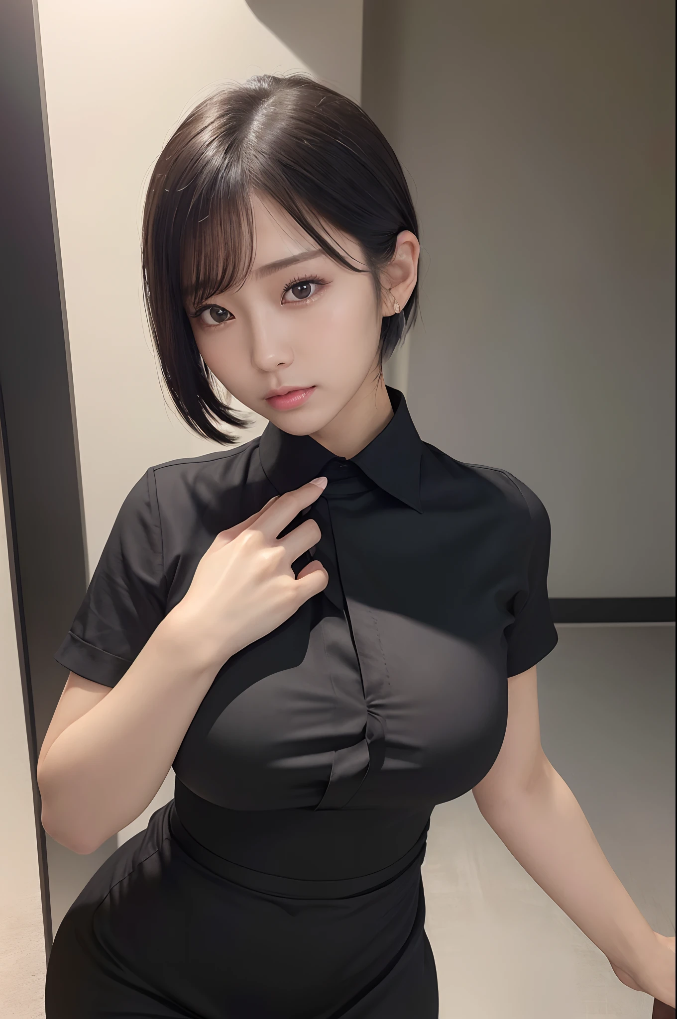 Gal Half naked Opening her dress to reveal her breasts and nipples Japanese schoolgirl No bra Narrow waist Abundant hips Ultra high definition high resolution masterpiece Real beautiful girl short hair High quality Japanese school classroom Perfect Style Academy
