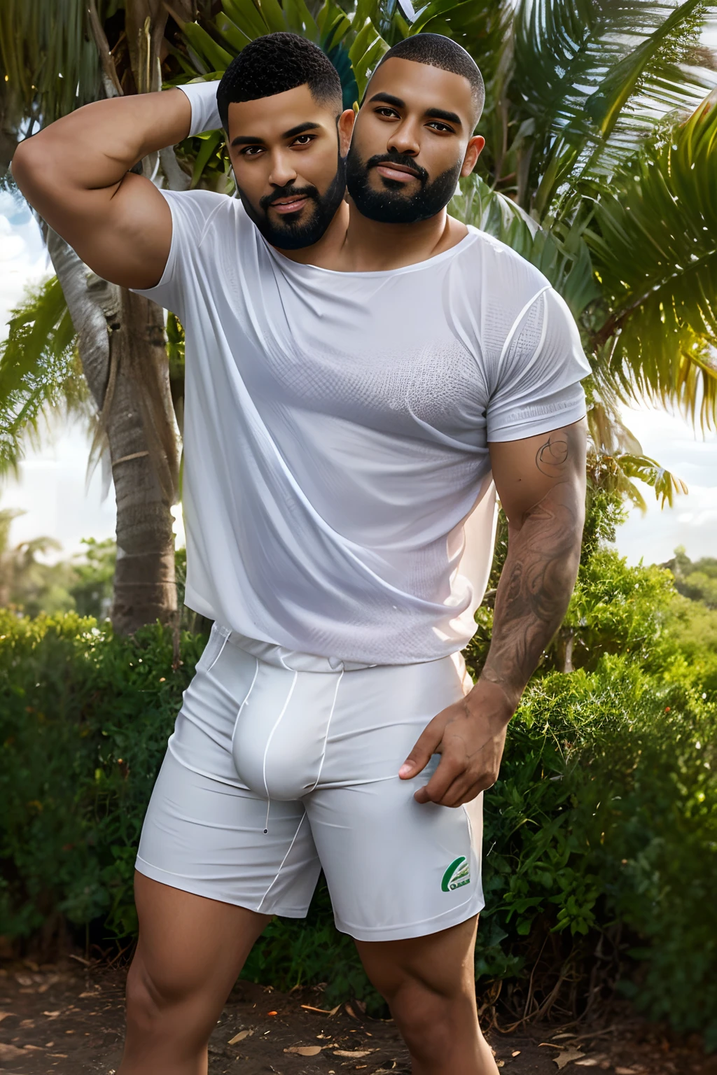 (((2heads))),a Dominican 35 year old man,(big bulge:1.5),fit,beautiful face, buzz cut, (thick beard:1.1), detailed hazel eyes, tight shorts, half red half blue sports jersey, unathletic,big butt, very wide shoulders, wet, drenched, massive big bulge in crotch, dripping gooey white slime on skin,oiled skin, wet skin, very tan,very pale,dark hair with highlights, black hair,brown hair,unathletic, outside on an overgrown lawn, at dusk, smiling, full body, realistic, detailed,oiled skin, glistening skin, gooey translucent white slime on face , gooey translucent white slime on chest, gooey translucent white slime on clothes,stubble, holding a machete