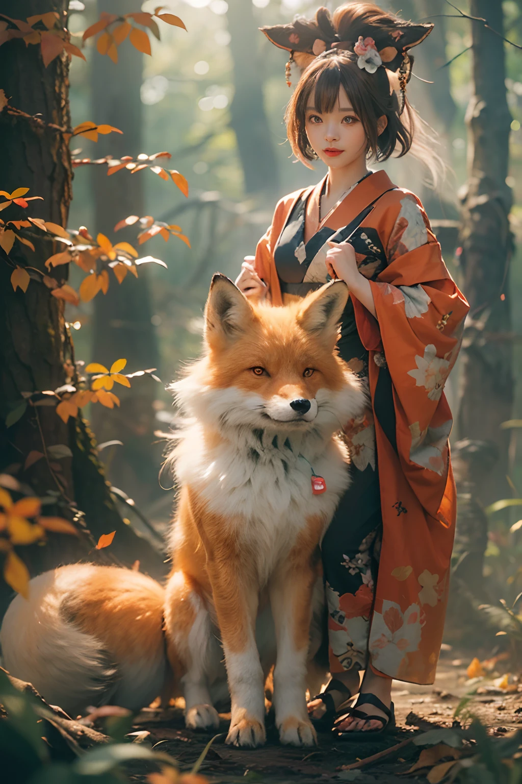 Two-shot photo of a girl and a fox,(Fantasia,Kitsune Yokai Four-Tailed Heavenly Fox,),(Girl and Fox Yokai: The Tale of the Four-Tailed Heavenly Fox),
(With a girl bent down deep in the forest and looking up,Fox Yokai Two-shot of a fox protecting a girl's back Poster of the four-tailed heavenly fox),
(natural soft light.)(Sunlight,),(Sunlight,),(Professional Lighting.),
(glossy light brown and orange two-tone color,,,,,,,,,,,Wave Shortcut Hair,disheveled hair,),japanese kimono,Geta,Cute round face red lipstick,A cute smile that makes the viewer happy,
autumn forest,Strong wind soaring over dead leaves
Digital Illustration,
(Photorealsitic:1.3),(Raw photo.),
(masutepiece,top-quality,Ultra-high resolution output image,)
(The 8k quality,),(Image Mode Ultra HD,),(Image Mode Ultra HD,),(Sea Art 2.1:1.3,),Japan Anime Fantasy,