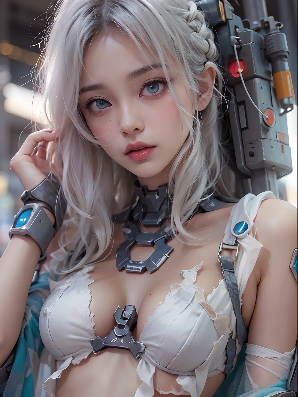 nsfw, 1girl, nude, cyberpunk, mecha, mechanics, (masterpiece: 1.4), (8K, realistic, raw photo, best quality: 1.4), naked, nipple areola shape clear, beautiful breasts, Japanese girl, beautiful cute face, (real face: 1.4), perfect pussy, beautiful hairstyle, realistic blue eyes, beautiful detail eyes, (real skin: 1.3), beautiful skin, attractive, angry face, ultra high resolution, ultra realistic, cinematic lighting, white colored hair, long hair, ribbons, city ruins, futuristic world