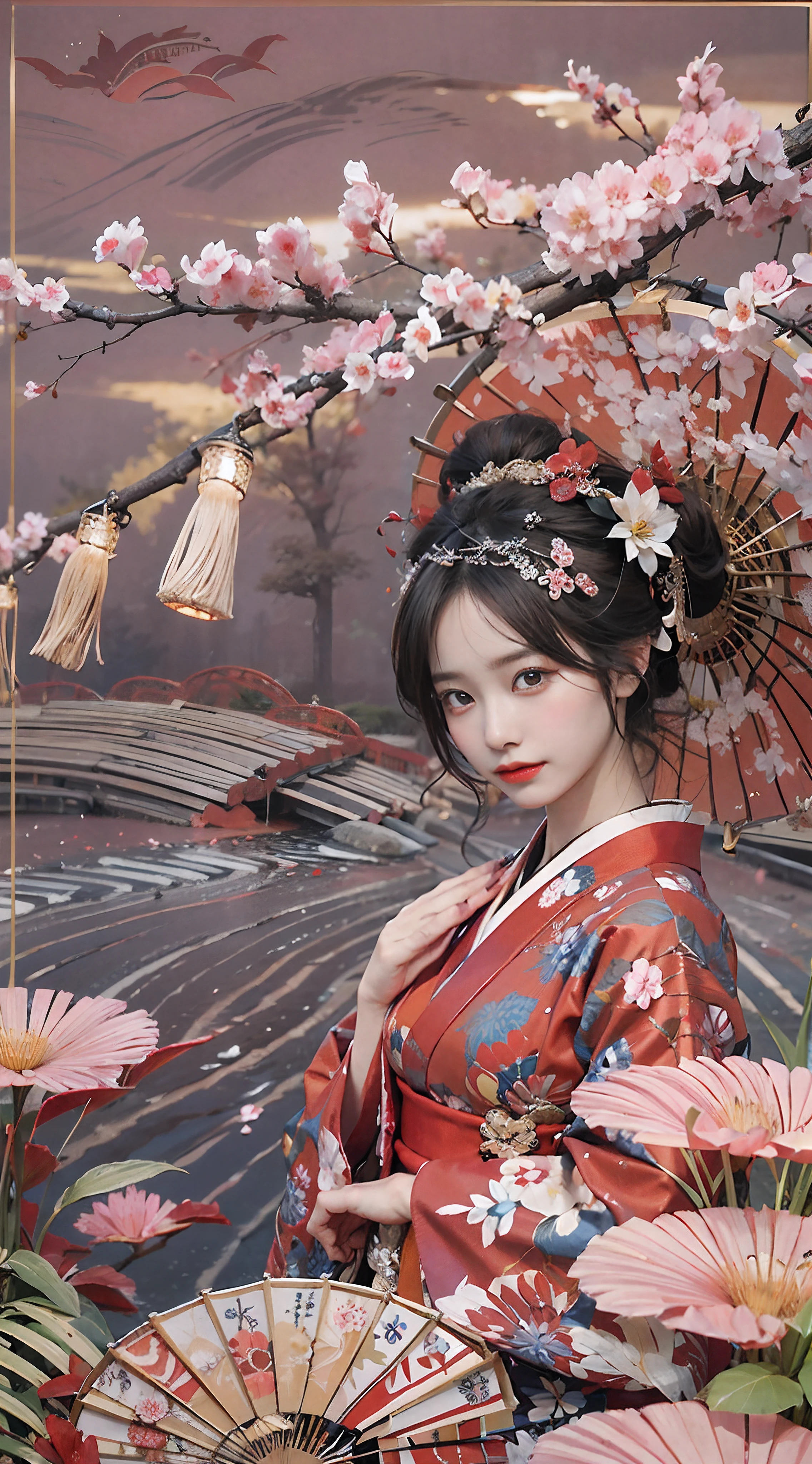 In a futuristic scene, Geisha in Japan with mechanical reinforcement、Elegant in elaborate gardens. She has beautifully detailed eyes and lips that complement her face. Geishas wear traditional kimonos with intricate patterns and designs. Around her are bright cherry trees and a quiet carp pond. The scene is painted with a blend of illustration and photorealism, Ultra-detailed brush strokes and clarity, Vivid colors. Lighting emphasizes the elegant features of the geisha, Gives her porcelain skin a soft glow. Artwork is of the highest quality, 4K or 8K resolution, Showcase the intricate details of geisha attire, cherry trees, And the shimmering scales of carp. The overall color scheme is、It is a combination of traditional shades of Japan, Crimson, etc., blacks, and subtle gold accents, With a futuristic twist. The fusion of ancient traditions and modern technology is、Create captivating and visually striking masterpieces.