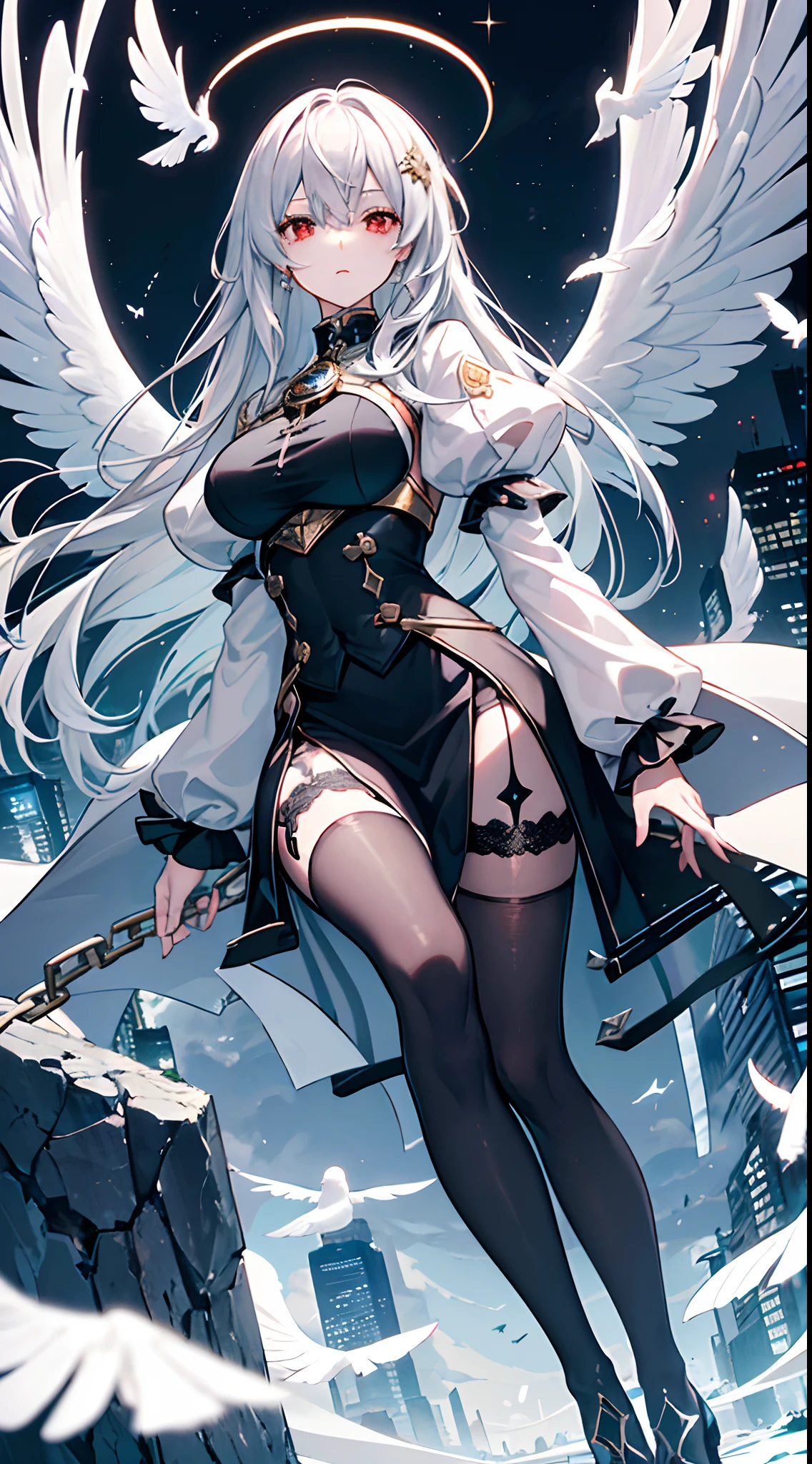 angelicales，(gigantic cleavage breasts:1.3)，Solo，Long gray hair，Cross your hands at the waist，Strapless bra，latex high heels boots，latex glove，grin face，stand posture，simplebackground