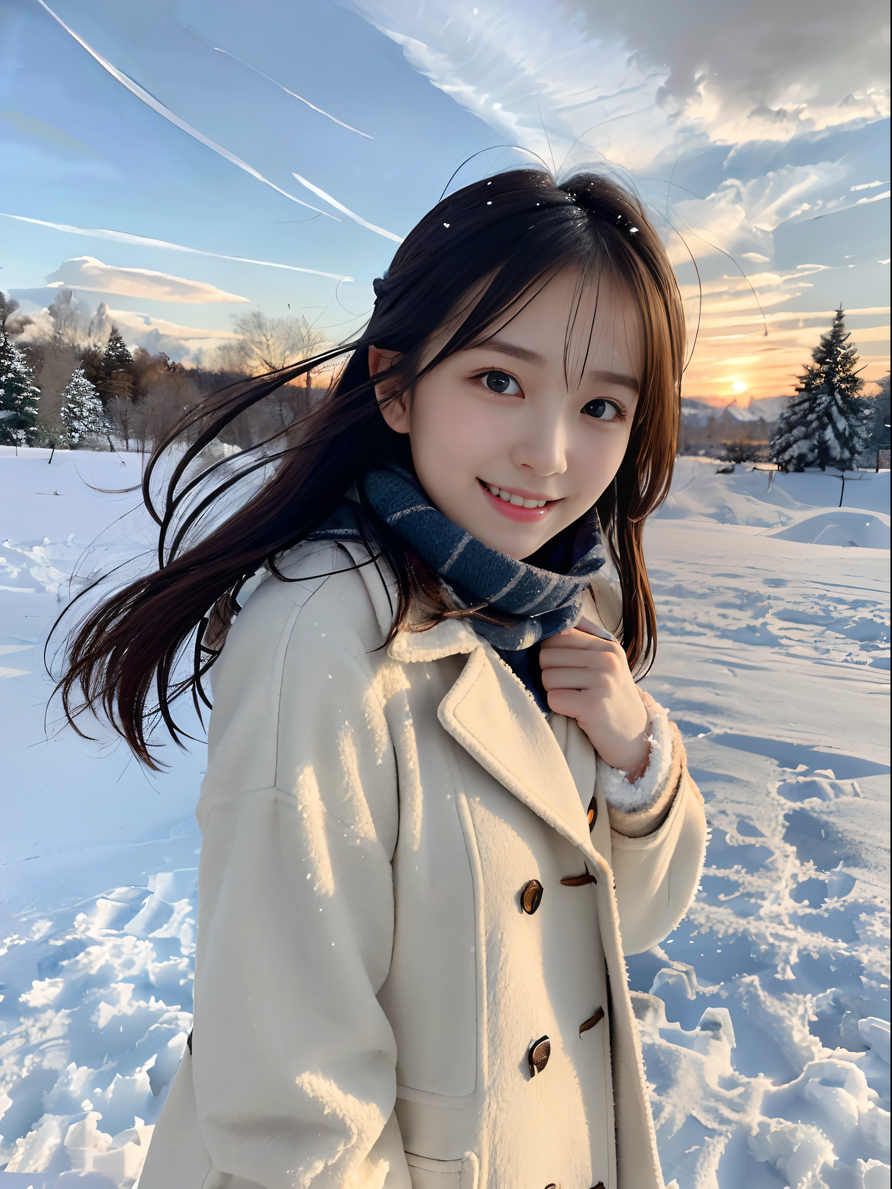 (Close up portrait of one girl with slender small breasts and twin-tailed long hair and coat with scarf in winter uniform:1.5)、(One girl with little smile and hair fluttering in the wind :1.3)、(Beautiful snowy sunset sky:1.5)、(Perfect Anatomy:1.3)、(No mask:1.3)、(complete fingers:1.3)、Photorealistic、Photography、masutepiece、top-quality、High resolution, delicate and pretty、face perfect、Beautiful detailed eyes、Fair skin、Real Human Skin、pores、((thin legs))、(Dark hair)