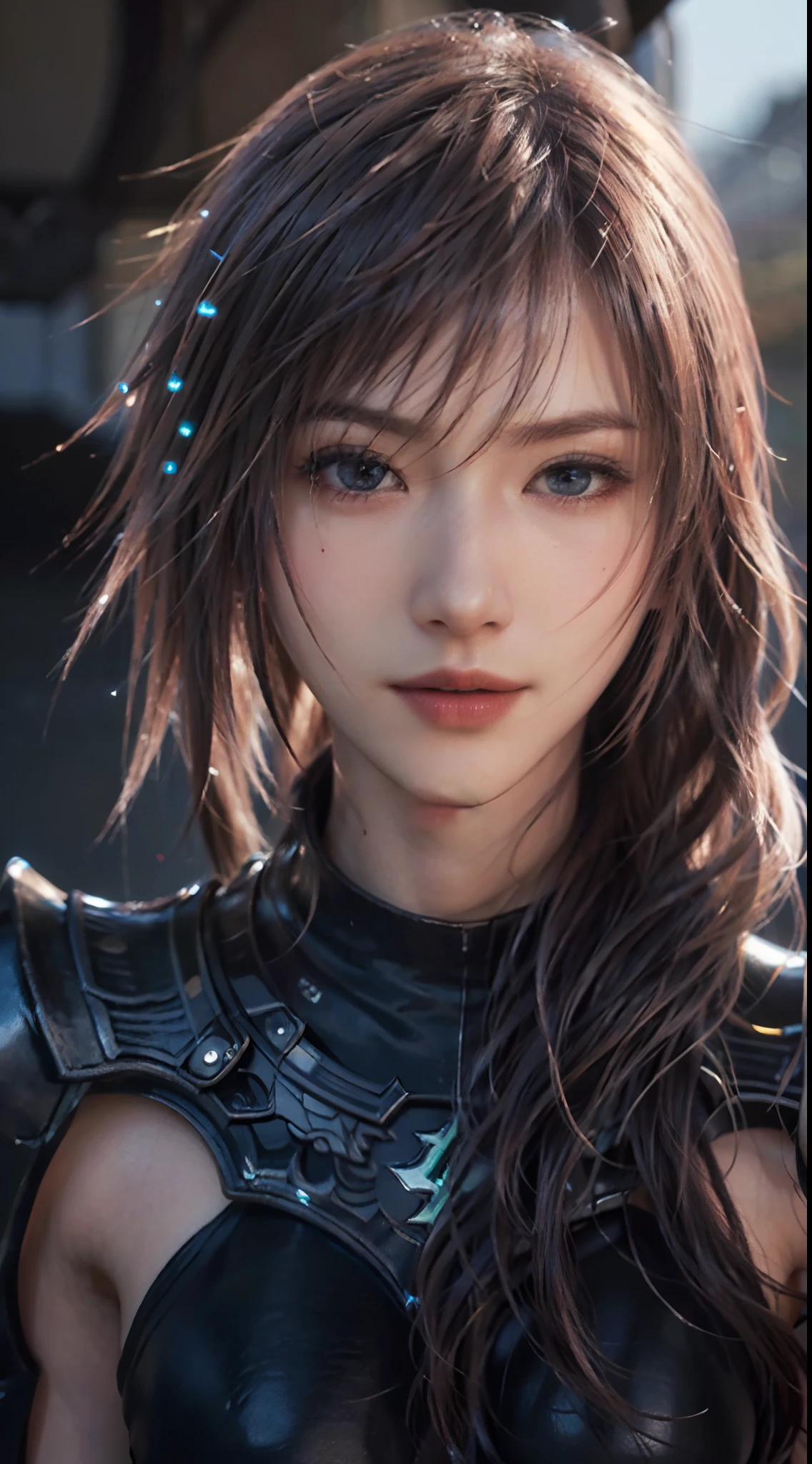 Trends on ArtStation, Trends on CGSociety, Intricate, High Detail, Sharp Focus, f 1.8, Dramatic, starry night sky, Lightning of Final Fantasy XIII, Lightning's original Final fantasy XII-2 costume, closed-mouth smile,20 years old, mature looking, Realistic Art of Drawing by Midjourney and Greg Rutkowski, Sketch, Masterpiece, Best Quality, short black hair, Very Detailed, 1female, Half-body, head to bust image scope, standing position, Beautiful Meticulous Eyes, Cute Face, Bust, big bossoms, Beautiful Meticulous Face, (Botanical Illustration: 1.5), no pornographical exposure, bigger breasts