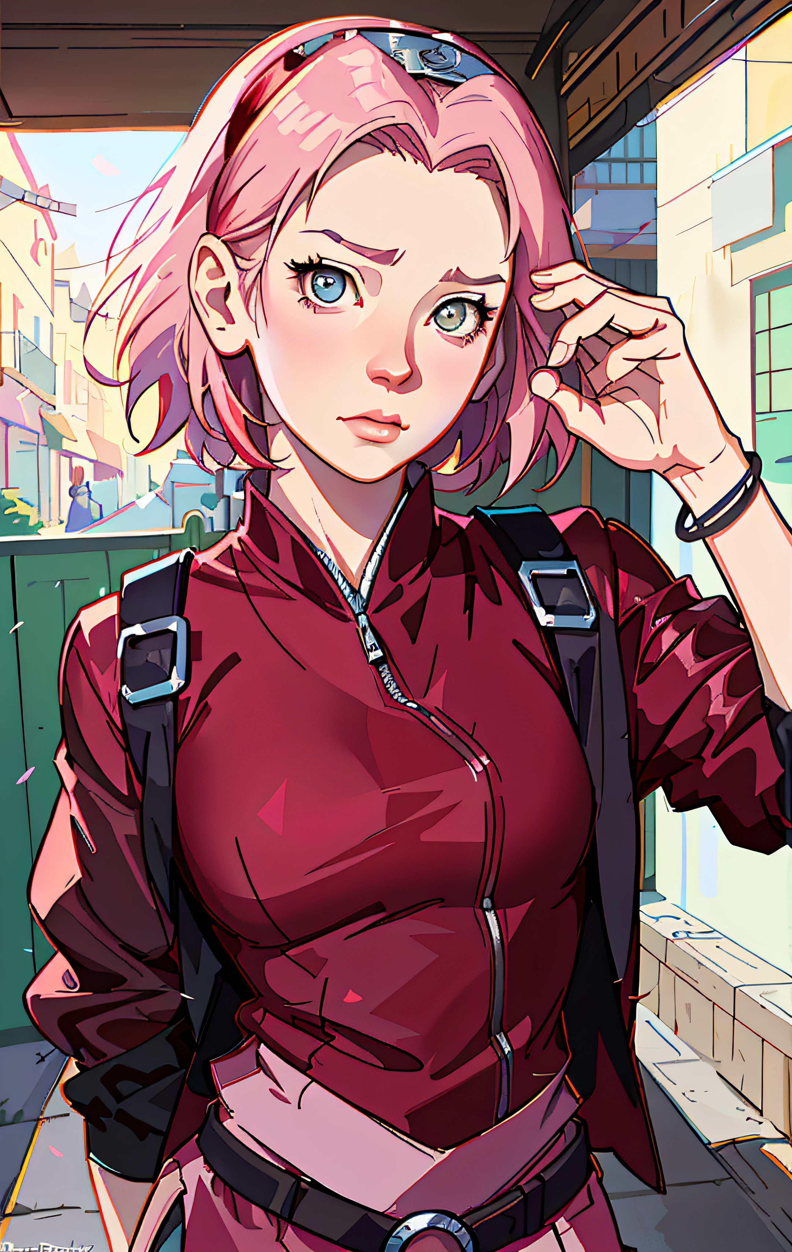 Sakura haruno, ANIME NARUTO, NINJA, ((forehead the show)), sad, attractive, wearing a ((red blouse)), pink hair, delicate, young, short hair, detailed face, in a village , full body, looking at the viewer, bandana on the head, trend in art by rhads, andreas rocha, rossdraws, makoto shinkai, laurie greasley, lois van baarle, ilya kuvshinov and greg rutkowski