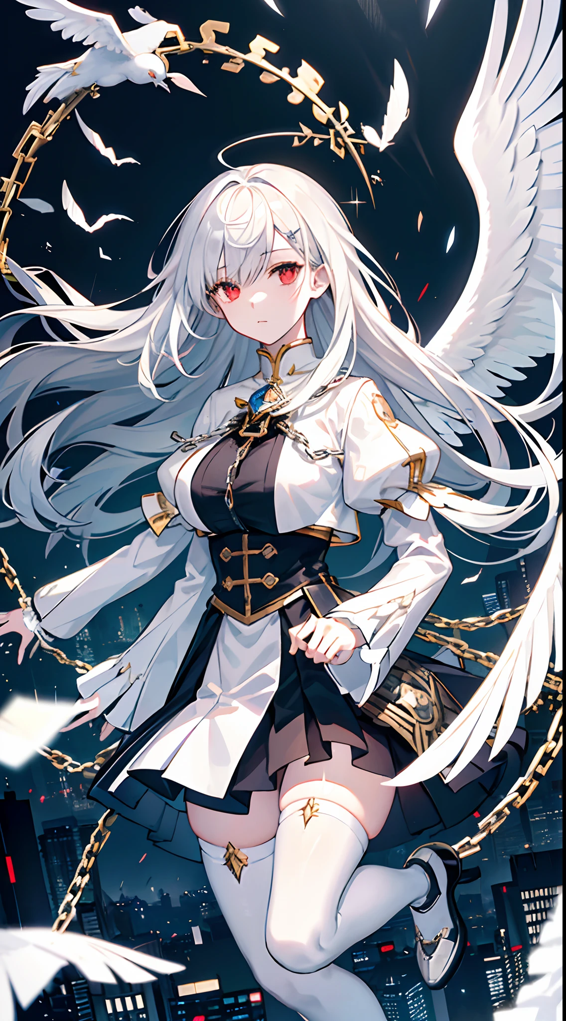 masterpiece,(bestquality),highlydetailed,ultra-detailed, cold, solo, (1girl), detailedeyes, shinegoldeneyes, (longliverhair), expressionless, (long sleeves, puffy sleeves), (white wings), shinehalo, (heavymetal:1.2), (metaljewelry), cross-lacedfootwear (chain), (Whitedoves:1.2), dull hair, wing-like bangs, dark coat, black eyes, monocle, broken mirror ground, overlook, large scene of city, flying glass debris and paper fragments, flying stones, (strong winds), ruins, science fiction, complex details, iceberg beauty, red eyes, hime_cut, medium breasts, white hair, silver_hair