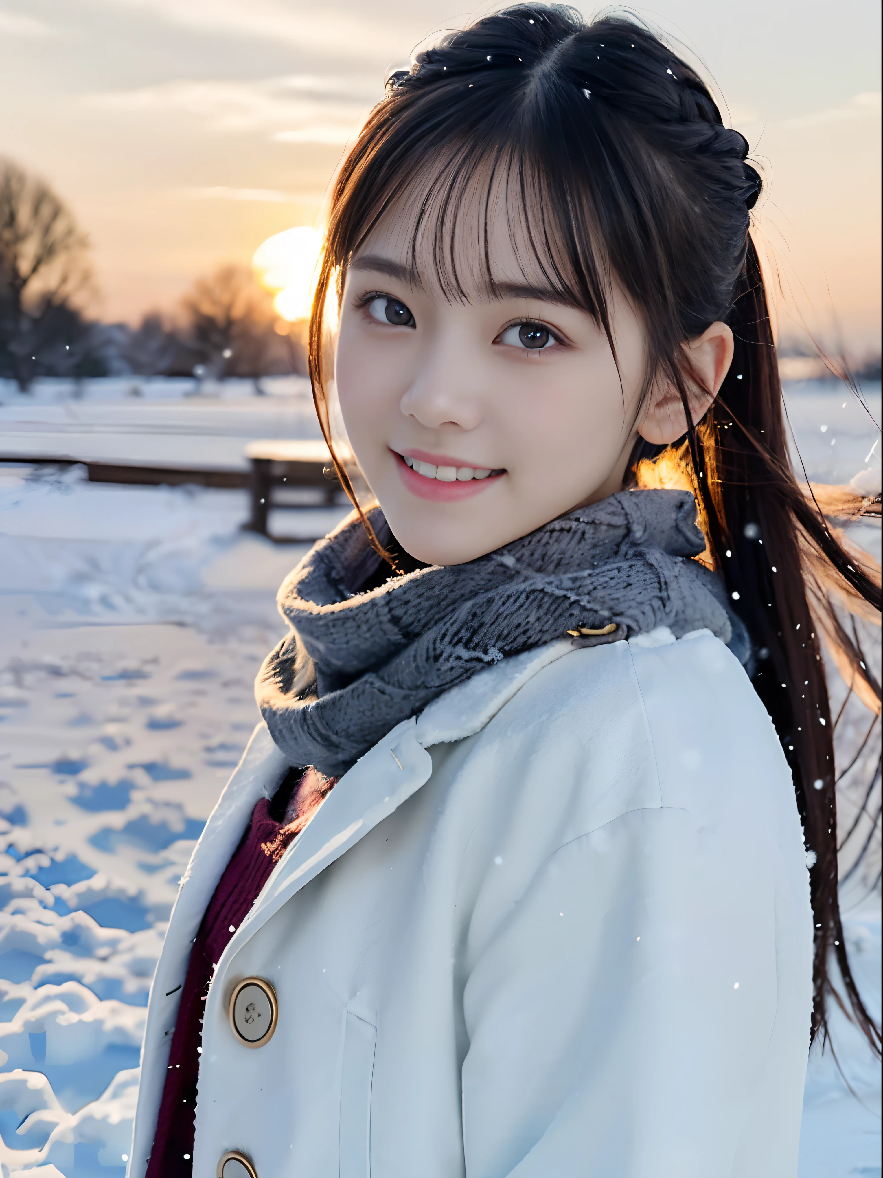 (Close up portrait of one girl with slender small breasts and twin-tailed long hair and coat with scarf in winter uniform:1.5)、(One girl with little smile and hair fluttering in the wind :1.3)、(Beautiful snowy sunset sky:1.5)、(Perfect Anatomy:1.3)、(No mask:1.3)、(complete fingers:1.3)、Photorealistic、Photography、masutepiece、top-quality、High resolution, delicate and pretty、face perfect、Beautiful detailed eyes、Fair skin、Real Human Skin、pores、((thin legs))、(Dark hair)