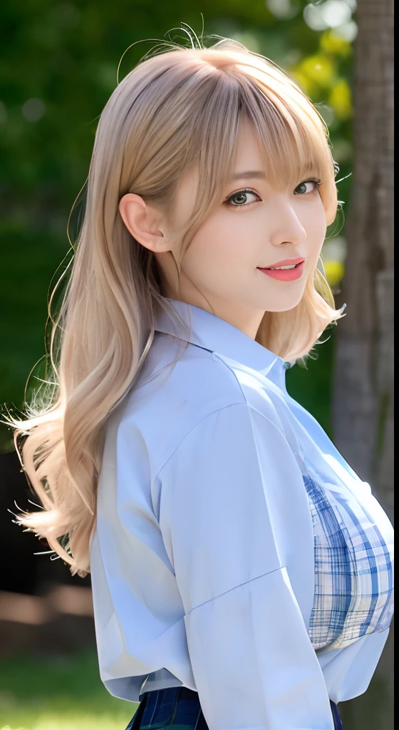 masutepiece, Best Quality、Realistic, ( Intricate details, depth of fields)、Hyper-Realism, 8K, Best Quality, Super Detail, retinas, ighly detailed, Perfect face, Perfect body, Huge breasts, Constriction, Very big ass, Glamour, indirect lighting, blondehair、hair wavy, short-hair、prety woman, the perfect appearance, Smile, ta, Oily skin、shinny skin, hi-school girl、校服、The shirt、Plaid skirt、Beautiful natural places、 Anatomically correct