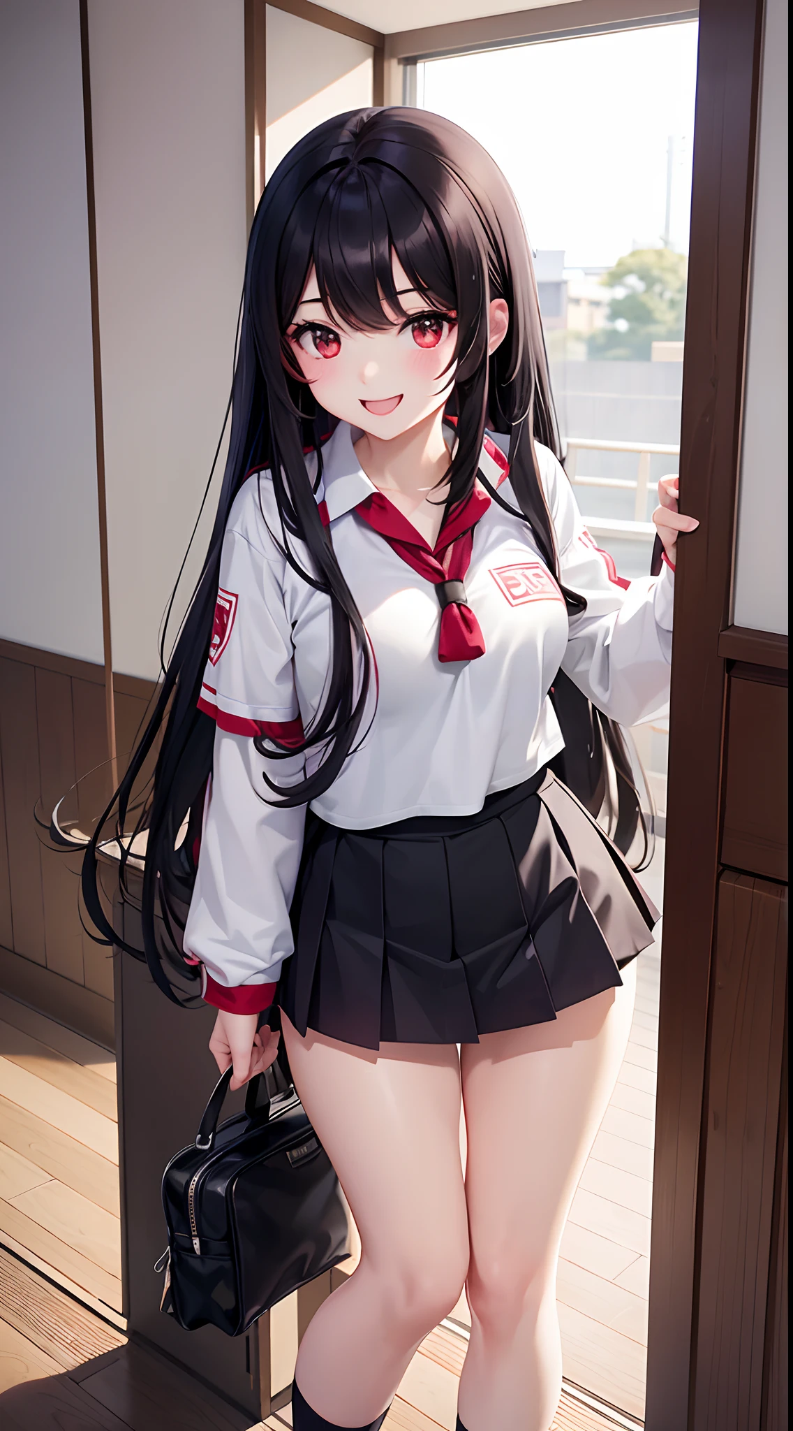 1 girl, japanese PE uniform, school, long black hair, red colour eyes, smiling, excited, beautiful, pale skin, perfect body figure, normal breast 1:3, cute