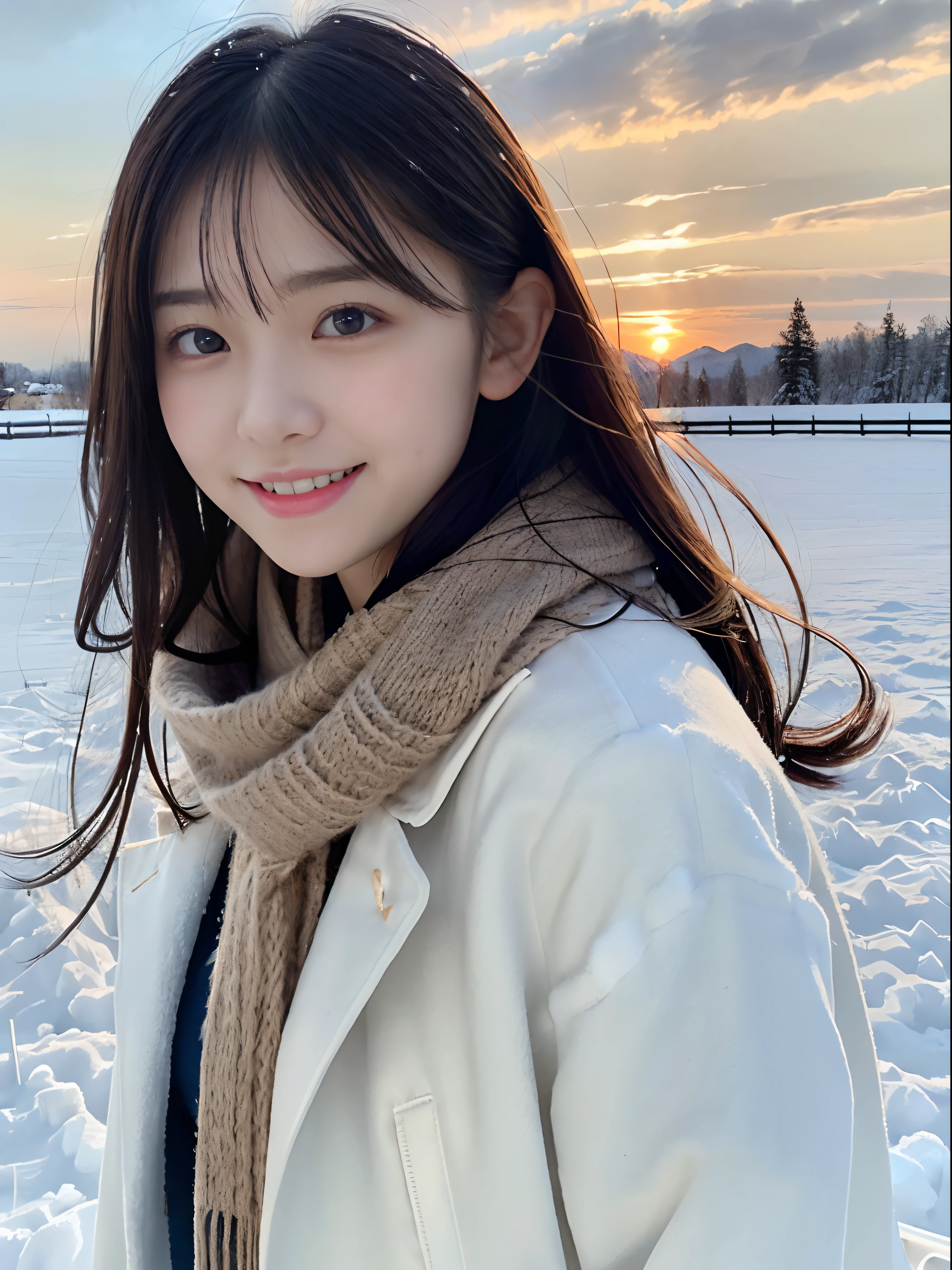 (Close up portrait of one girl with slender small breasts and twin-tailed long hair and coat with scarf in winter uniform:1.5)、(One girl with little smile and hair fluttering in the wind :1.3)、(Beautiful snowy sunset sky:1.5)、(Perfect Anatomy:1.3)、(No mask:1.3)、(complete fingers:1.3)、Photorealistic、Photography、masutepiece、top-quality、High resolution, delicate and pretty、face perfect、Beautiful detailed eyes、Fair skin、Real Human Skin、pores、((thin legs))、(Dark hair)