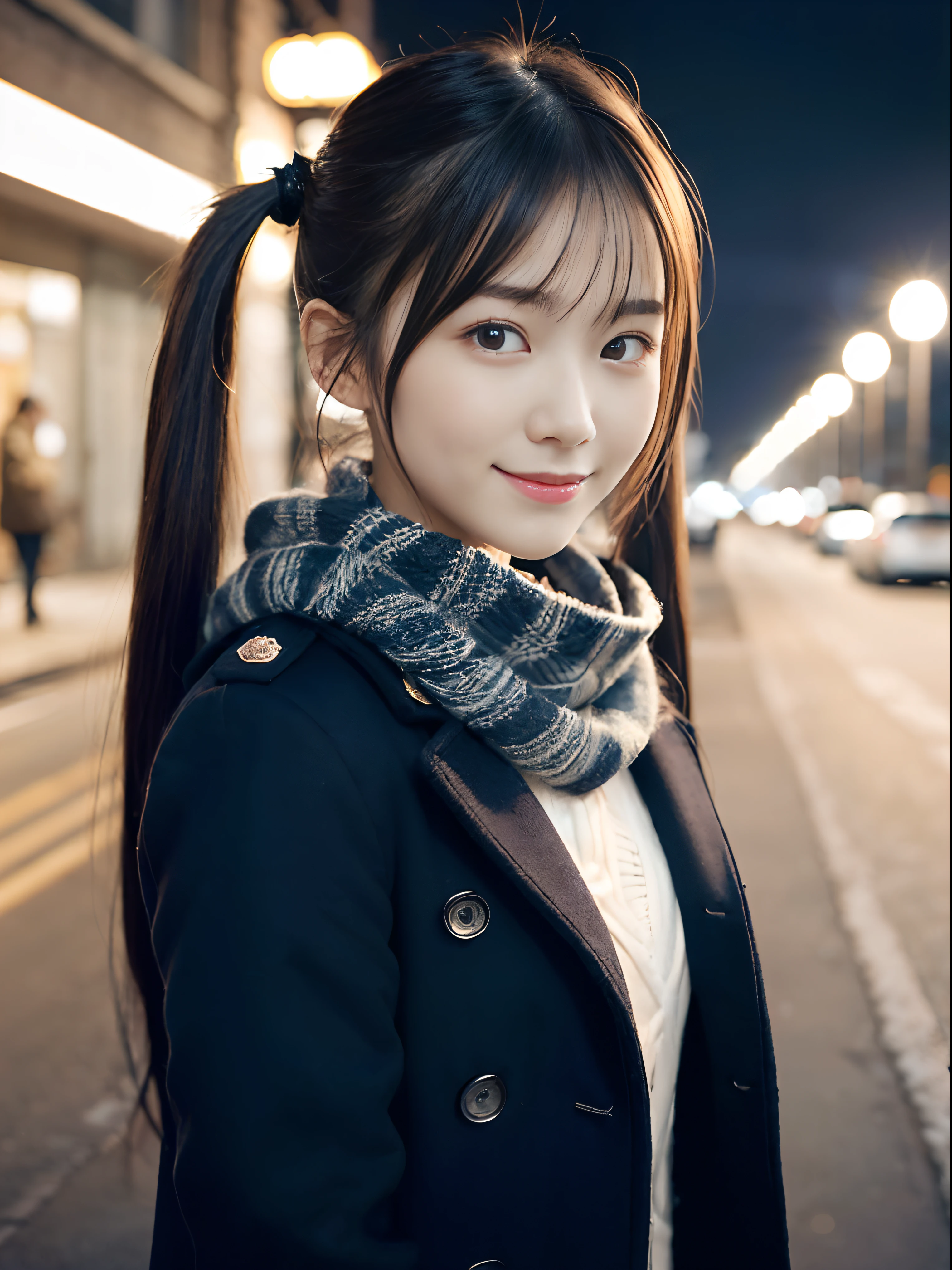 (slender small breasts and long hair with twin tails,、Close up portrait of one girl with scarf and coat in winter uniform:1.5)、(One girl with little smile and hair fluttering in the wind :1.3)、(Street corner on a winter night with beautiful illuminations:1.5)、(Perfect Anatomy:1.3)、(No mask:1.3)、(complete fingers:1.3)、Photorealistic、Photography、masutepiece、top-quality、High resolution, delicate and pretty、face perfect、Beautiful detailed eyes、Fair skin、Real Human Skin、pores、((thin legs))、(Dark hair)