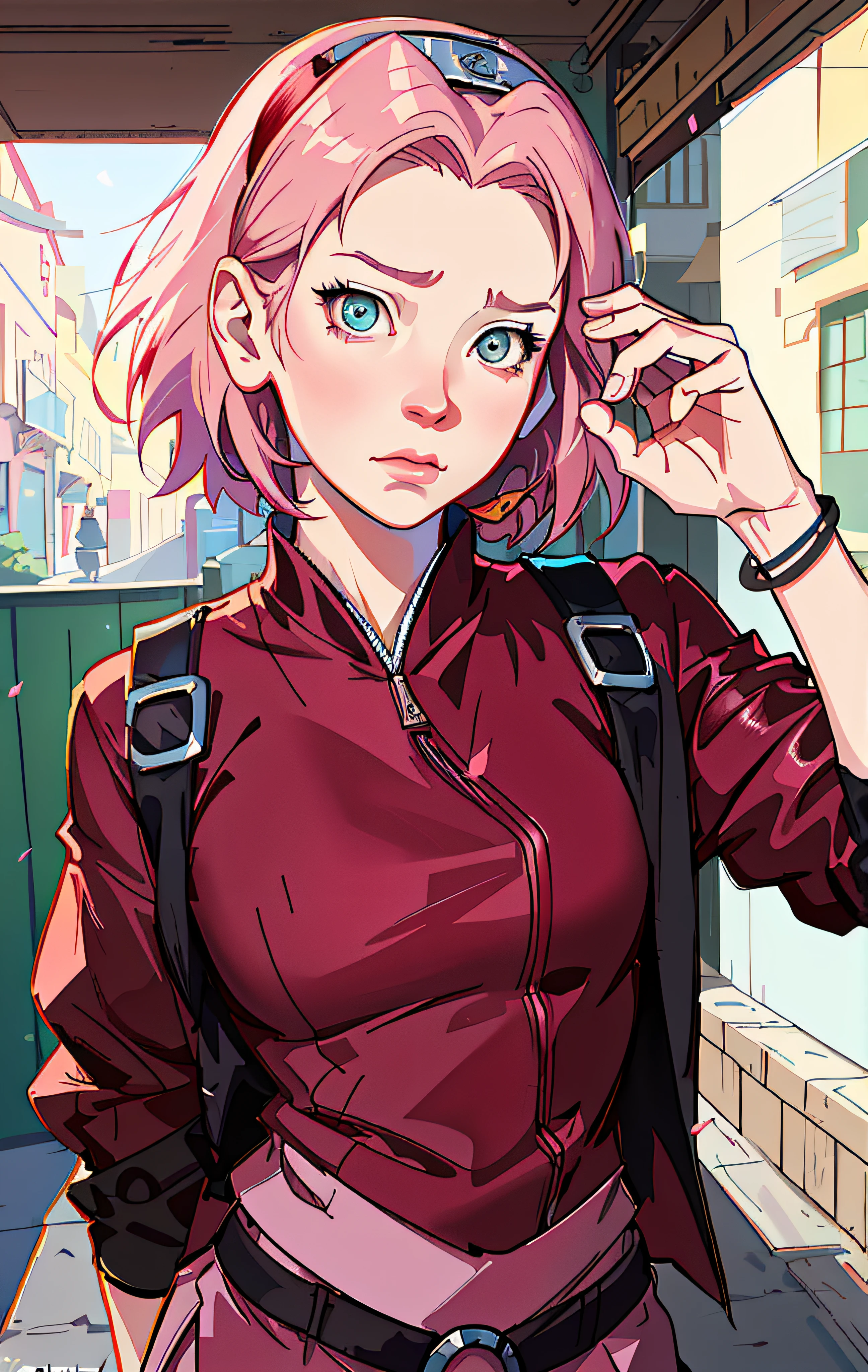 Sakura haruno, ANIME NARUTO, NINJA, ((forehead the show)), sad, attractive, wearing a ((red blouse)), pink hair, delicate, young, short hair, detailed face, in a village , full body, looking at the viewer, bandana on the head, trend in art by rhads, andreas rocha, rossdraws, makoto shinkai, laurie greasley, lois van baarle, ilya kuvshinov and greg rutkowski