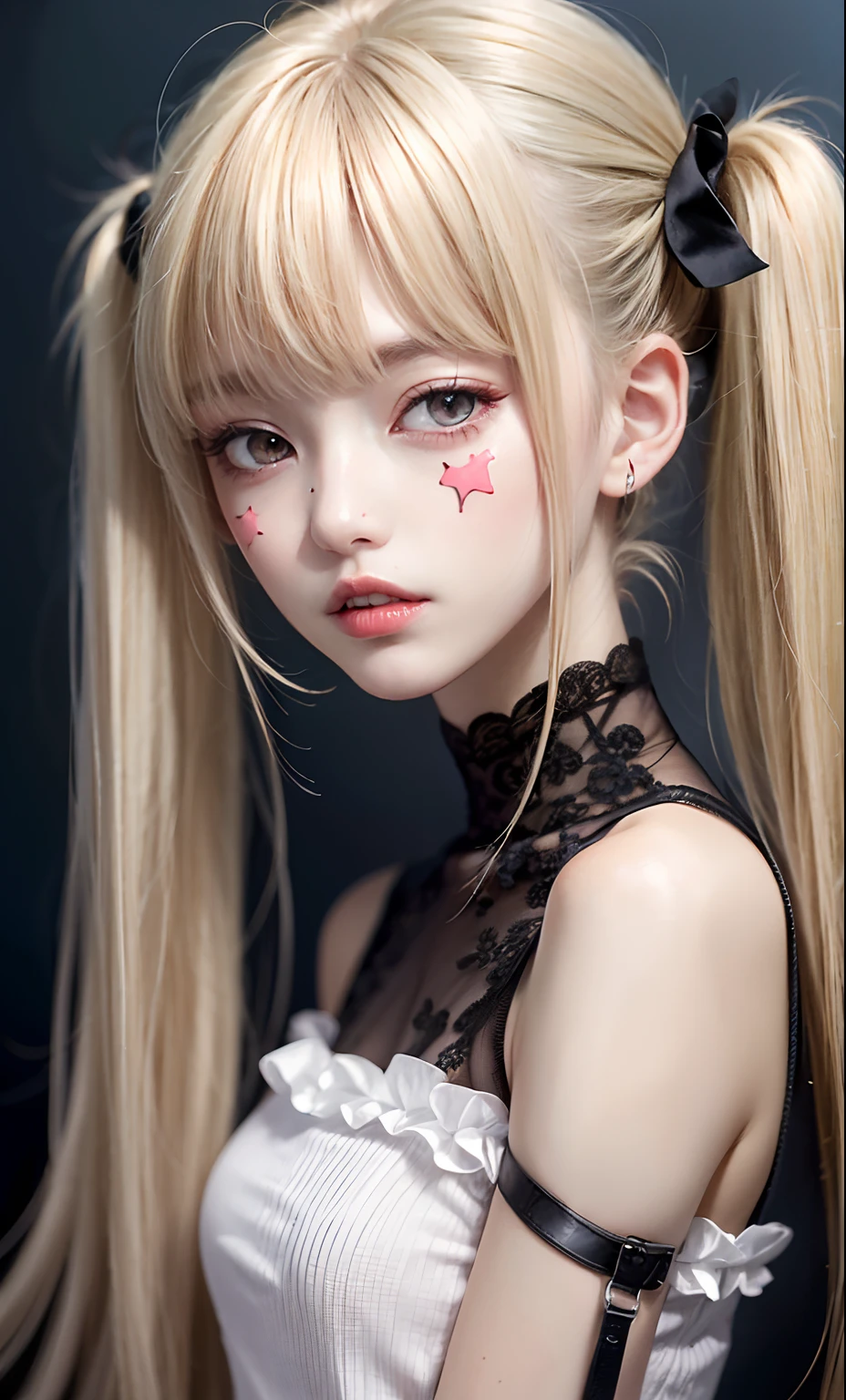 real life, twin tail,(squint eyes:1.5), red eyes, gradient black to blonde hair, blunt bangs, medium length hair, see viewer