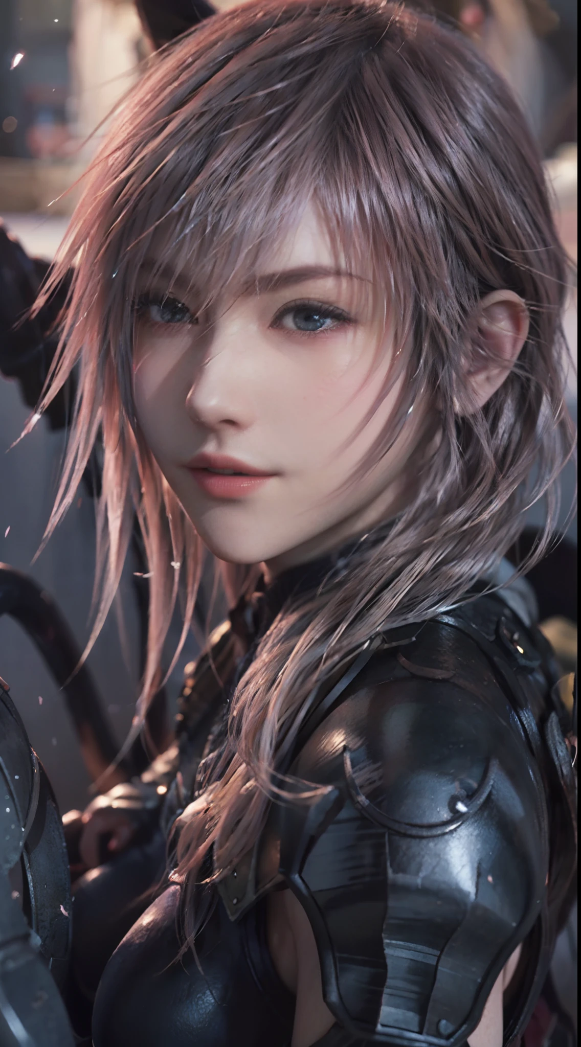 Trending on ArtStation, Trending on CGSociety, Intricate, High Detail, Sharp Focus, f 1.8, Dramatic, starry night sky, Lightning of Final Fantasy XIII, Lightning's original Final fantasy XII-2 costume, closed-mouth smile,20 years old, mature looking, Realistic Art of Drawing by Midjourney and Greg Rutkowski, Sketch, Masterpiece, Best Quality, short black hair, Very Detailed, 1female, Half-body, head to bust image scope, standing position, Beautiful Meticulous Eyes, Cute Face, Bust, big bossoms, Beautiful Meticulous Face, (Botanical Illustration: 1.5), no pornographical exposure, bigger breasts