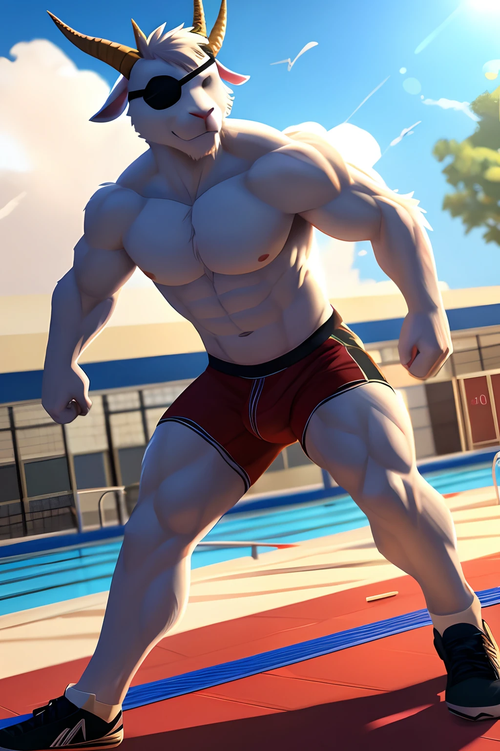 furry male goat, with an eye patch, white fur, shirtless, with sports underwear in a school pool, 4k, masterpiece, dynamic composition