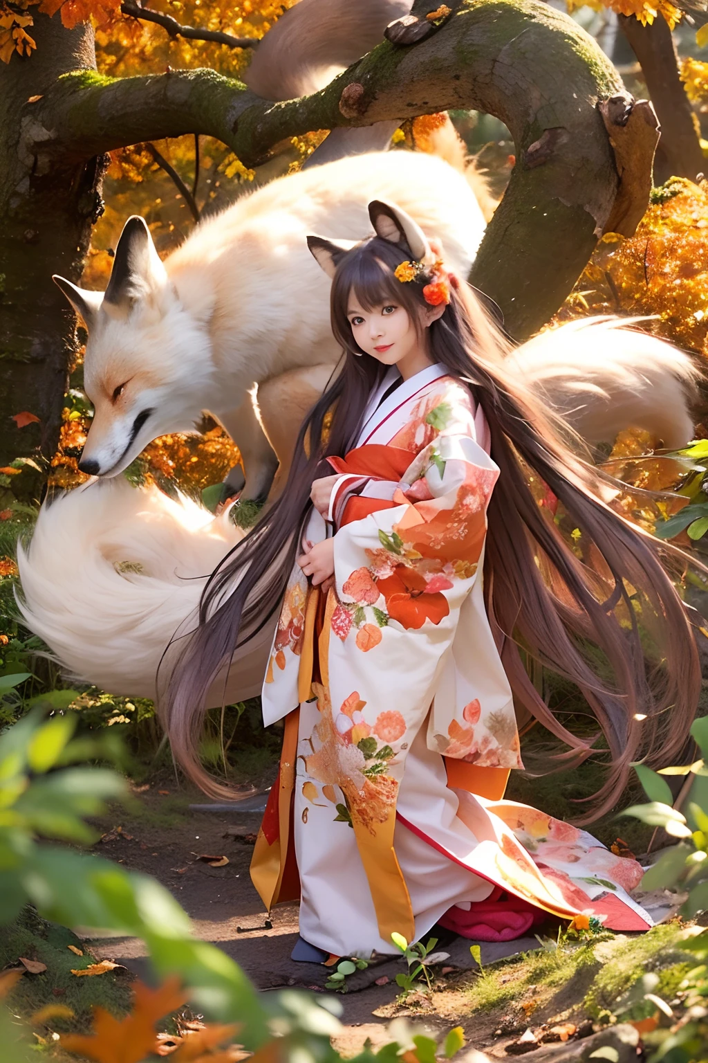 Two-shot photo of a girl and a fox,(Fantasia,Kitsune Yokai Four-Tailed Heavenly Fox,),(Girl and Fox Yokai: The Tale of the Four-Tailed Heavenly Fox),
(With a girl bent down deep in the forest and looking up,Fox Yokai Two-shot  of a fox protecting a girl's back Poster of the four-tailed heavenly fox),
(natural soft light.)(Sunlight,),(Sunlight,),(Professional Lighting.),
(glossy light brown and orange two-tone color,,,Wave Shortcut Hair,disheveled hair,),japanese kimono,Geta,Cute round face red lipstick,A cute smile that makes the viewer happy,
autumn forest,Strong wind soaring over dead leaves
Digital Illustration,
(Photorealsitic:1.3),(Raw photo.),
(masutepiece,top-quality,Ultra-high resolution output image,)
(The 8k quality,),(Image Mode Ultra HD,),(Image Mode Ultra HD,),(Sea Art 2.1:1.3,),Japan Anime Fantasy,