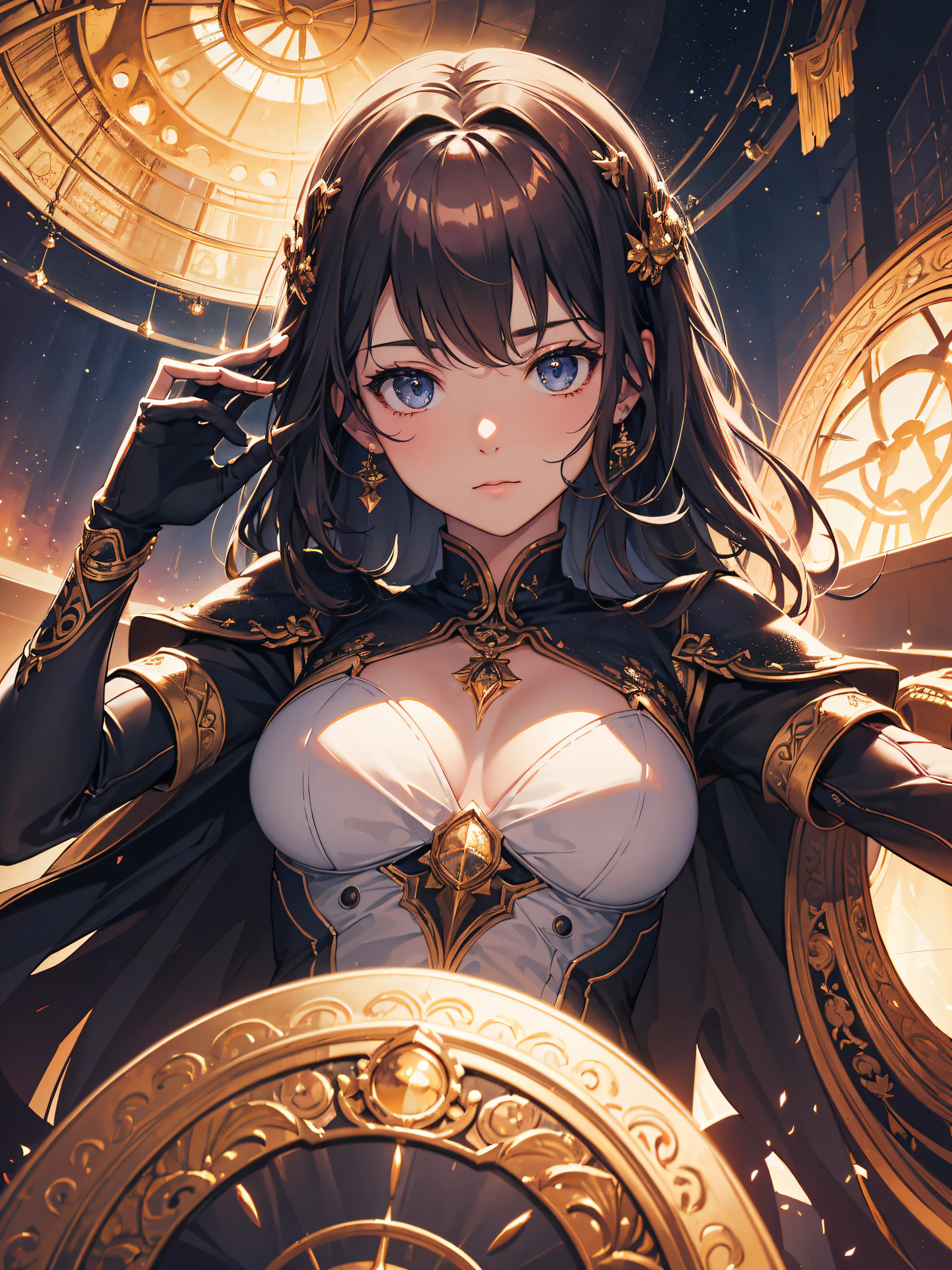 Highest quality image, (masterpiece), (detailed: 1.4), perfect drawing, (ultra-realistic), expansive landscape photography, (a view from below that shows the sky above and the character's grandeur), Elesis blood queen, (cold light source: 3.2), complex details, solo, upturned nose, moving hair, sarcastic gaze, (iridescent colors: 1.2), (bright lighting, atmospheric lighting), 4k, solo