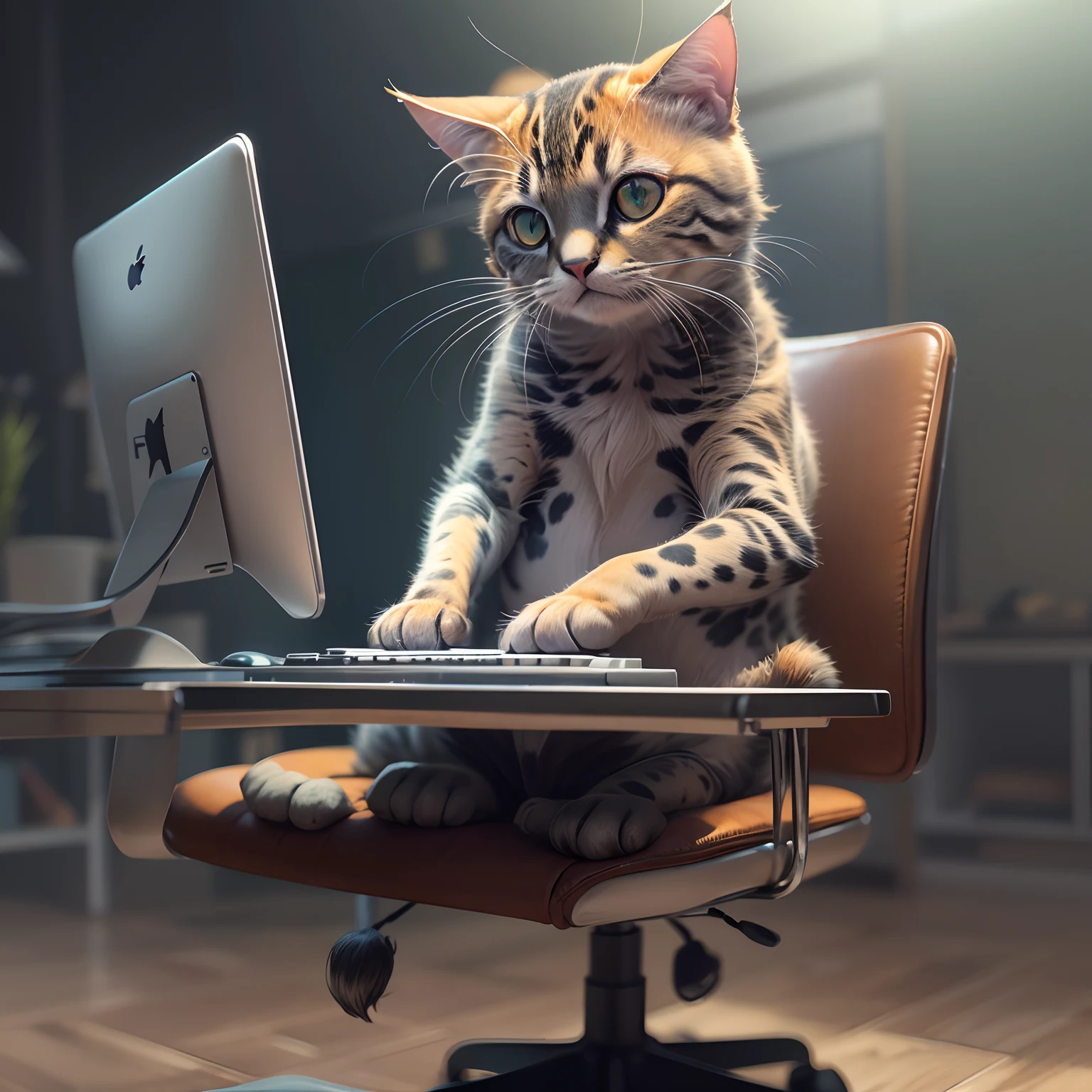 1 round eyes cow cat, Type with the keyboard, matrix style, Sitting in the chair in front of the MAC, Dynamic Angle, Best Quality, 4K,