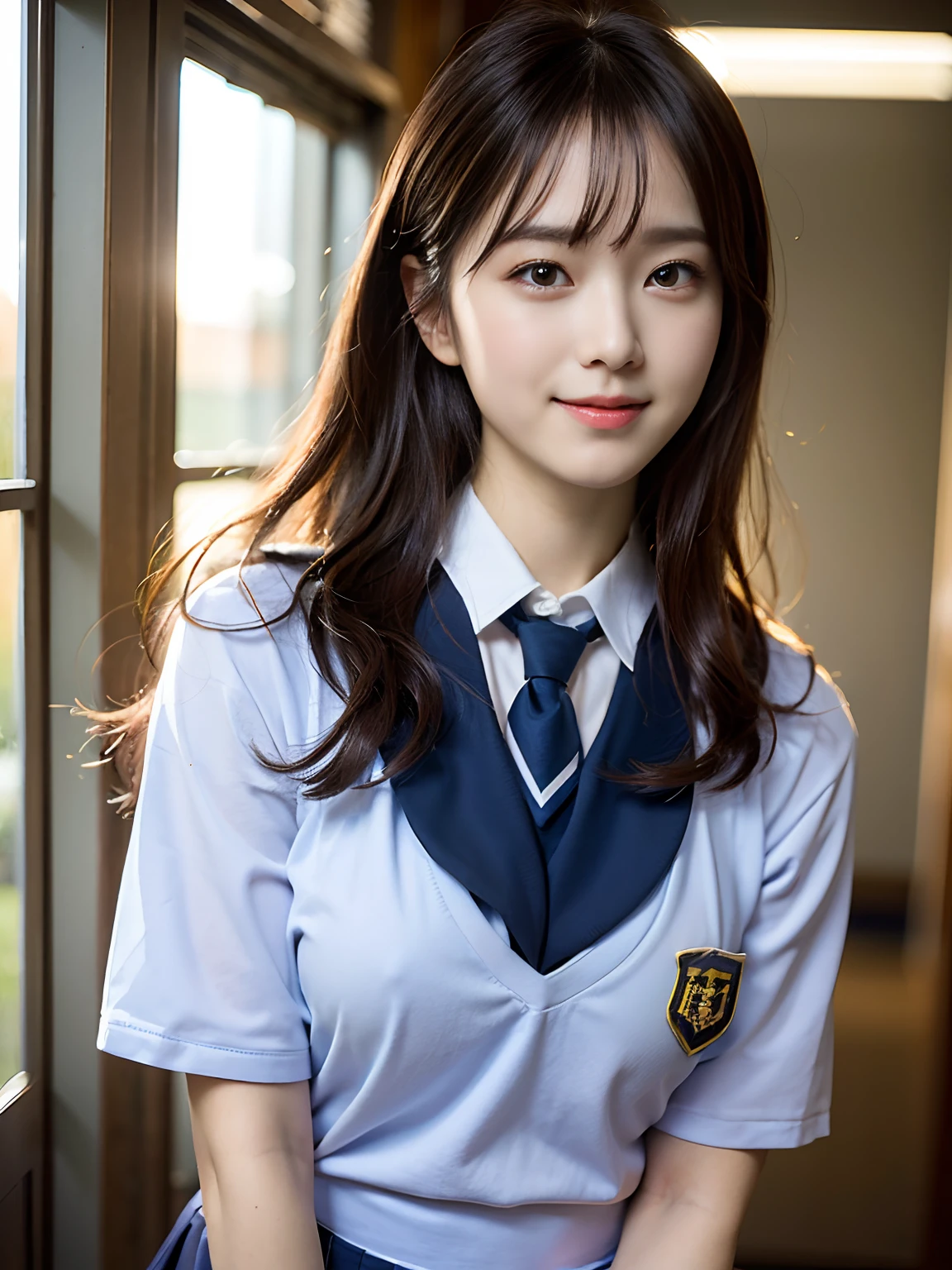 (school uniform:1.5), (Photorealistic:1.4), (Best quality:1.0), (超高分辨率:1.0), 8K, RAW photo, (Masterpiece:0.2), Ultra-detailed, Close short, 1girll, Beautiful skin, Detailed skin, view the viewer, full bodyesbian, (Long hair:1), Smile, (Closed mouth:1)