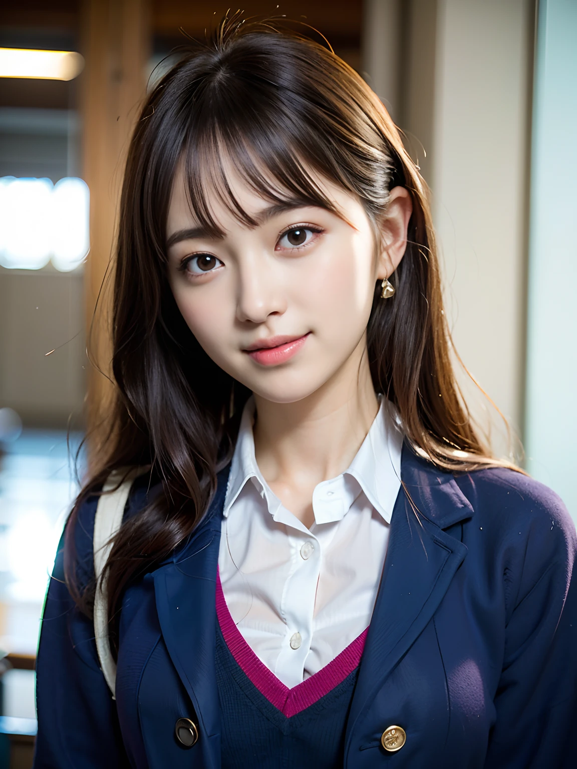 (school uniform:1.5), (Photorealistic:1.4), (Best quality:1.0), (超高分辨率:1.0), 8K, RAW photo, (Masterpiece:0.2), Ultra-detailed, Close short, 1girll, Beautiful skin, Detailed skin, view the viewer, full bodyesbian, (Long hair:1), Smile, (Closed mouth:1)