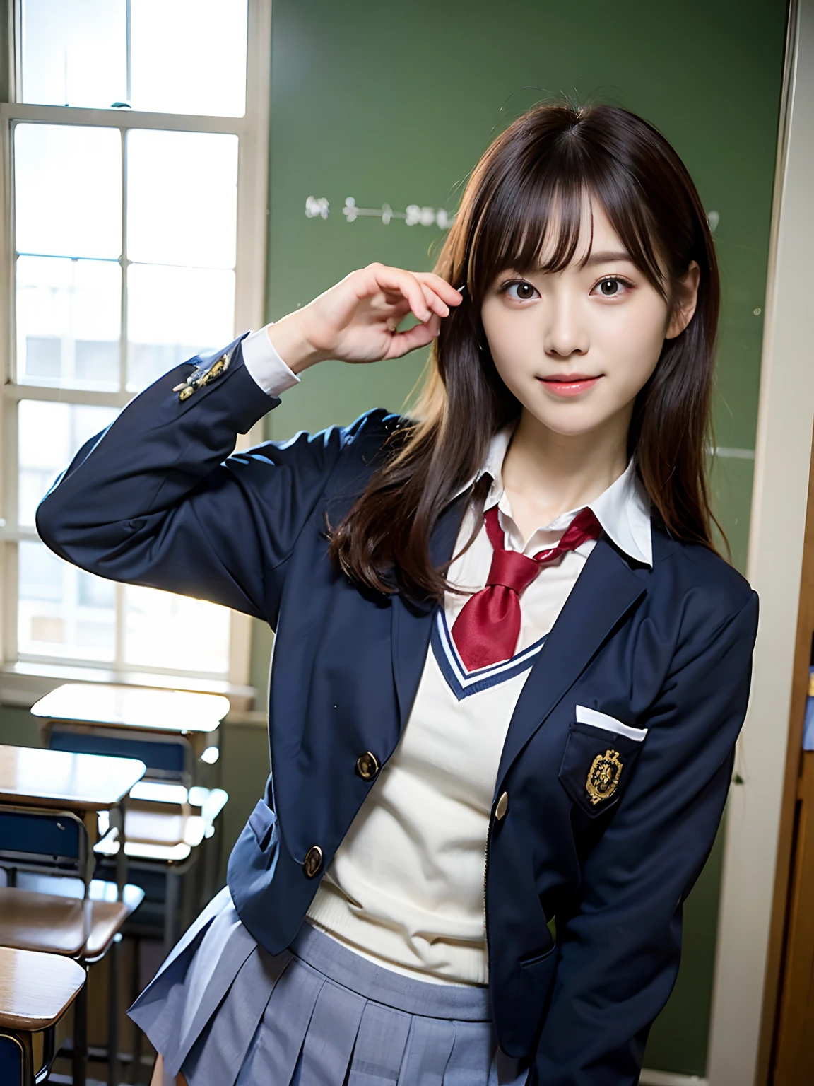 (school uniform:1.5), (Photorealistic:1.4), (Best quality:1.0), (超高分辨率:1.0), 8K, RAW photo, (Masterpiece:0.2), Ultra-detailed, Close short, 1girll, Beautiful skin, Detailed skin, view the viewer, full bodyesbian, (Long hair:1), Smile, (Closed mouth:1)