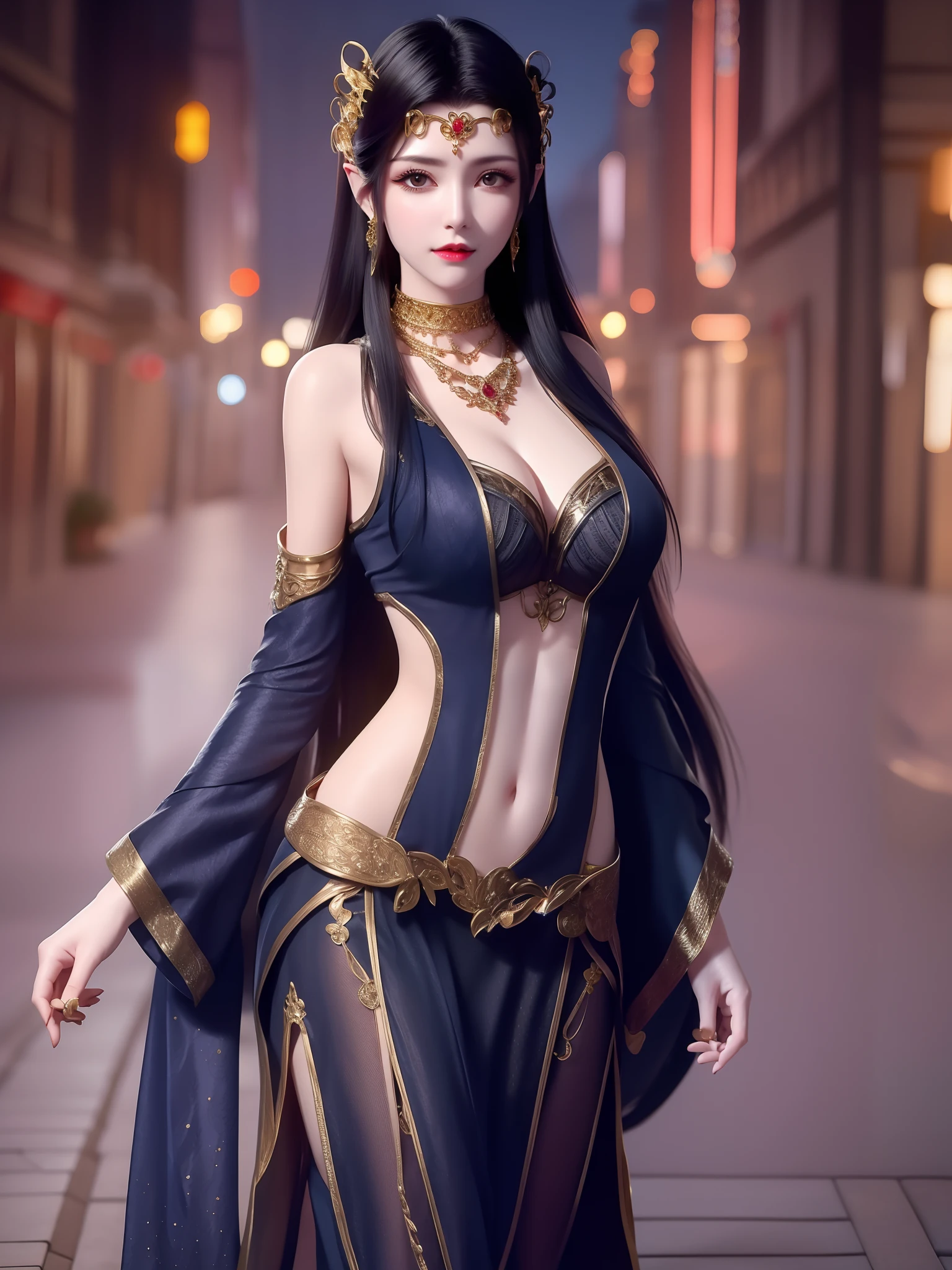 1girl,jewelry,long hair, hair ornament, necklace, cutout,navel,cleavage, dress, forehead jewel, pants, mature female, cityscape, night, looking at viewer,