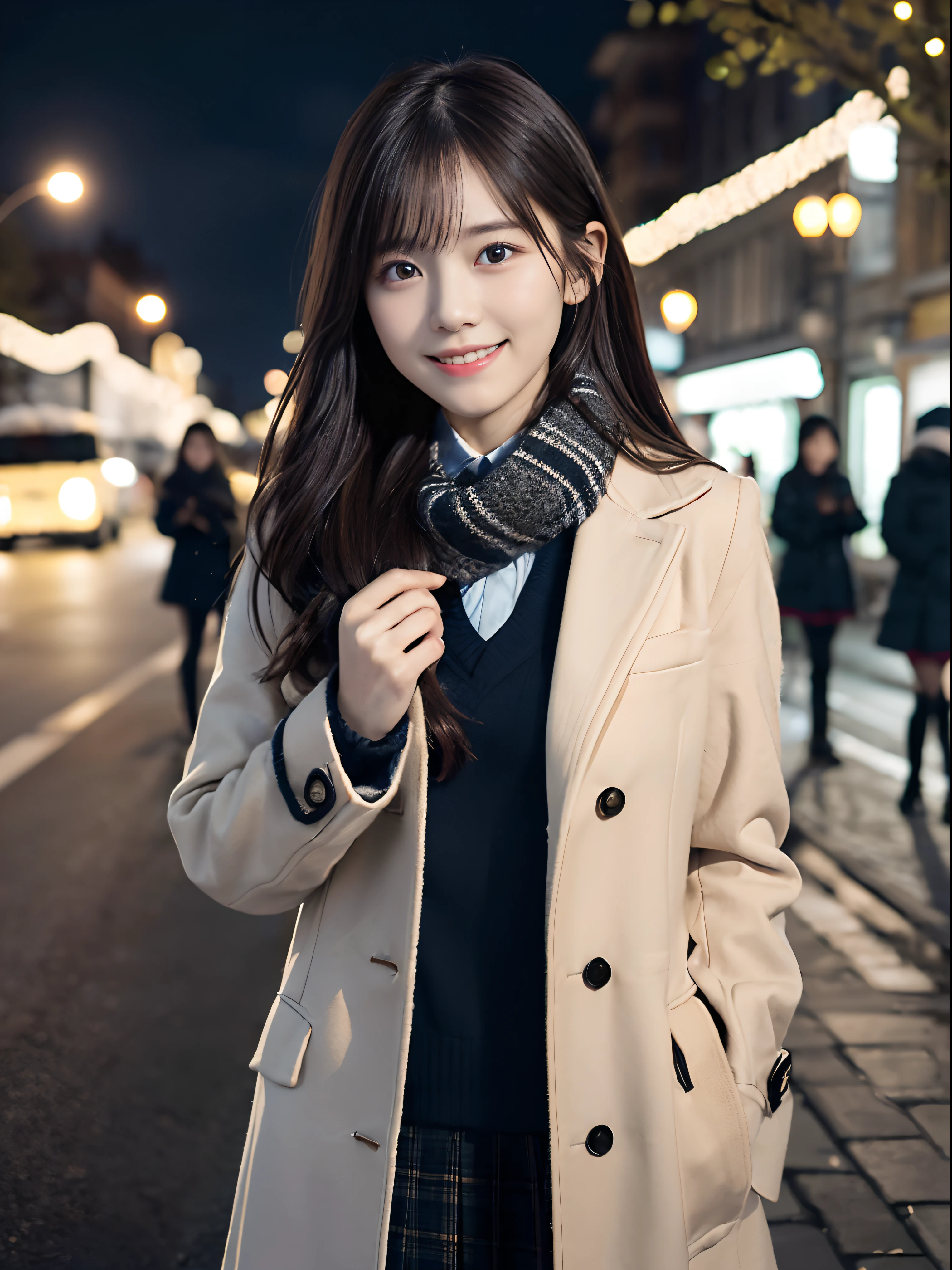 (Close up portrait of one girl with slender small breasts and long hair with blunt bang in winter school uniform and coat with scarf:1.5)、(One girl with little smile and hair fluttering in the wind :1.3)、(Street corner on a winter night with beautiful Christmas lights:1.5)、(Perfect Anatomy:1.3)、(No mask:1.3)、(complete fingers:1.3)、Photorealistic、Photography、masutepiece、top-quality、High resolution, delicate and pretty、face perfect、Beautiful detailed eyes、Fair skin、Real Human Skin、pores、((thin legs))、(Dark hair)