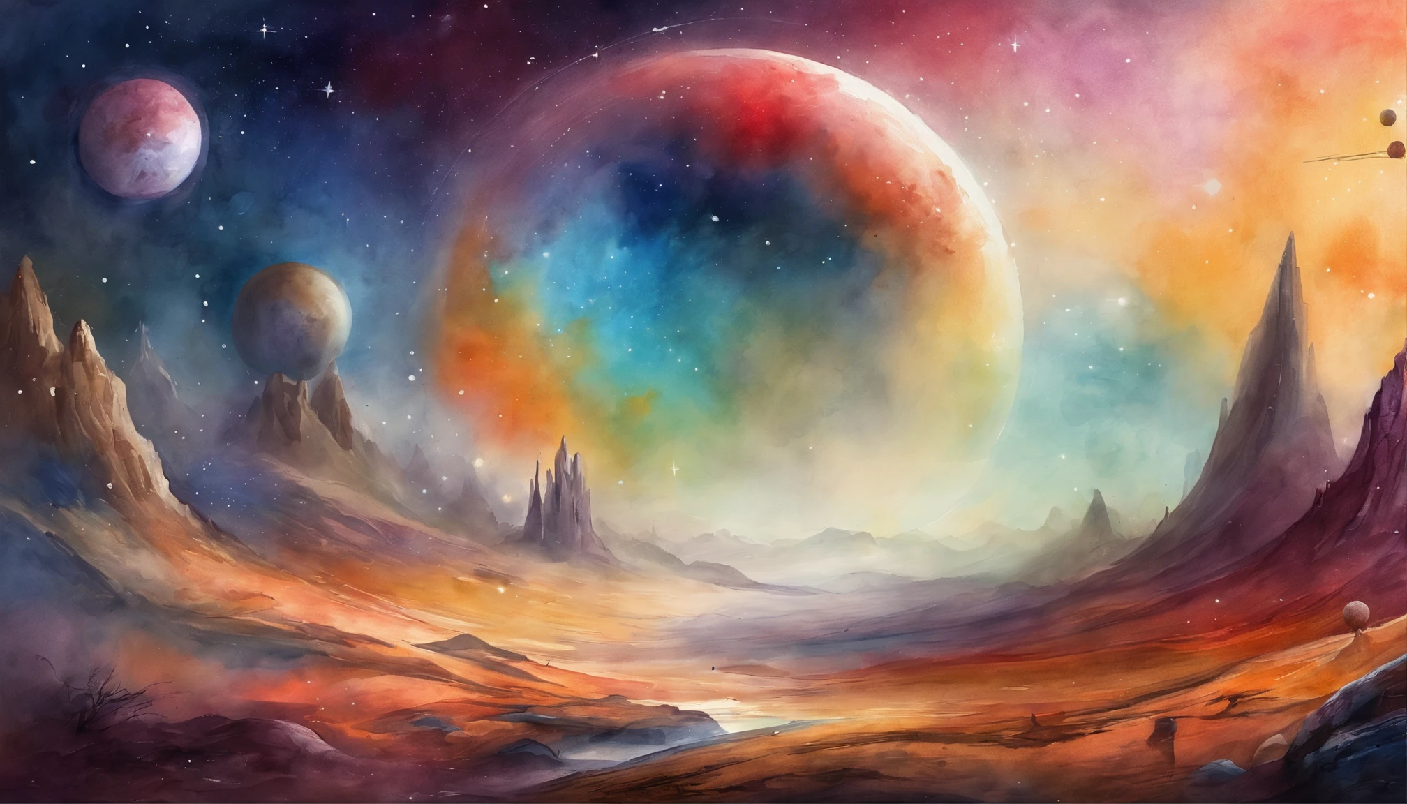 Colorful futuristic space illustration,There's a planet in the middle, a beautiful artwork illustration