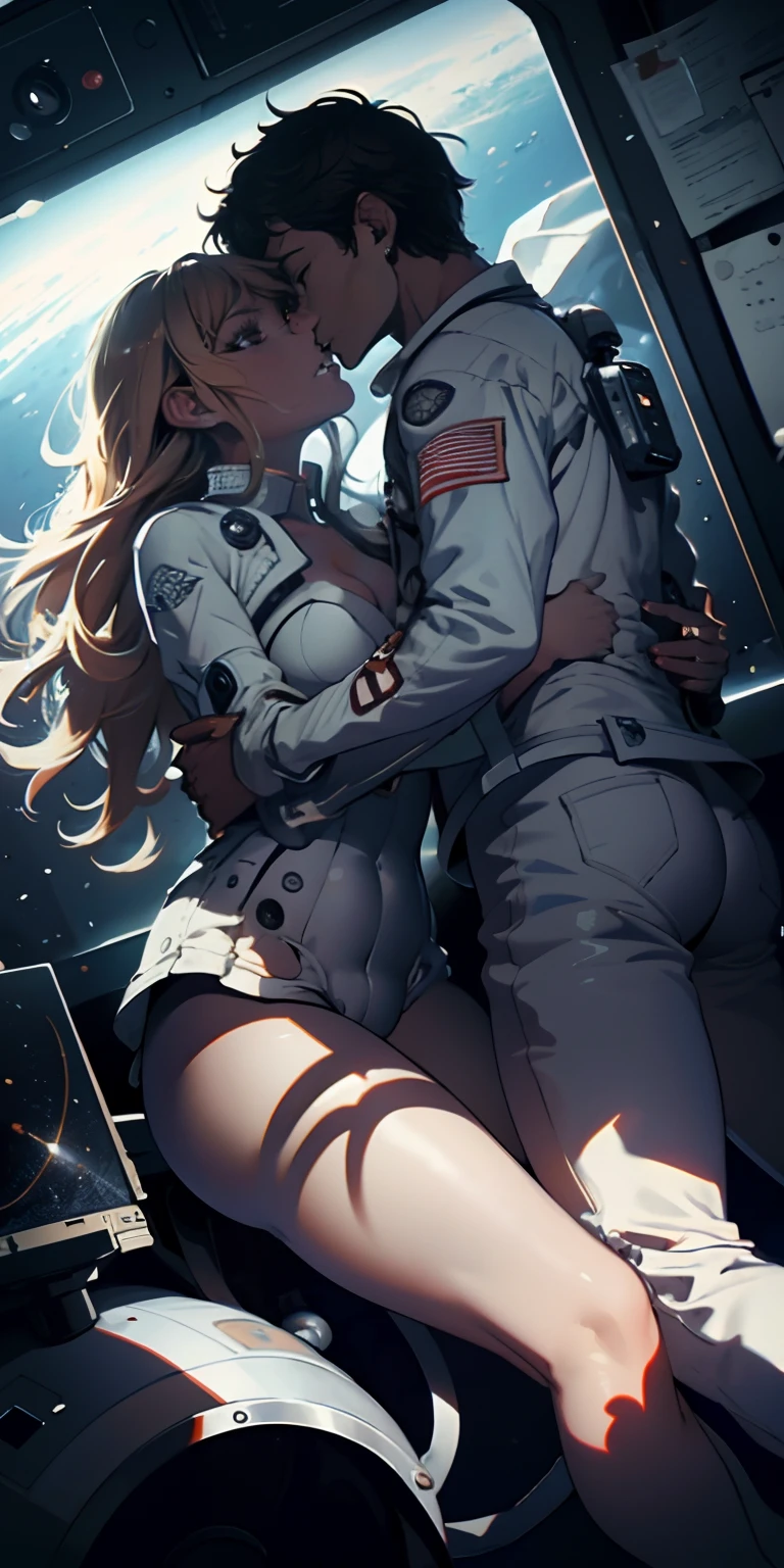 Absurd resolution, high resolution, (masterpiece:1.4), ultra-detailed, 1girl and 1boy kissing, in a spacesuit, seen from above, space, floating, satellite, outer space operation, wide-angle lens distortion