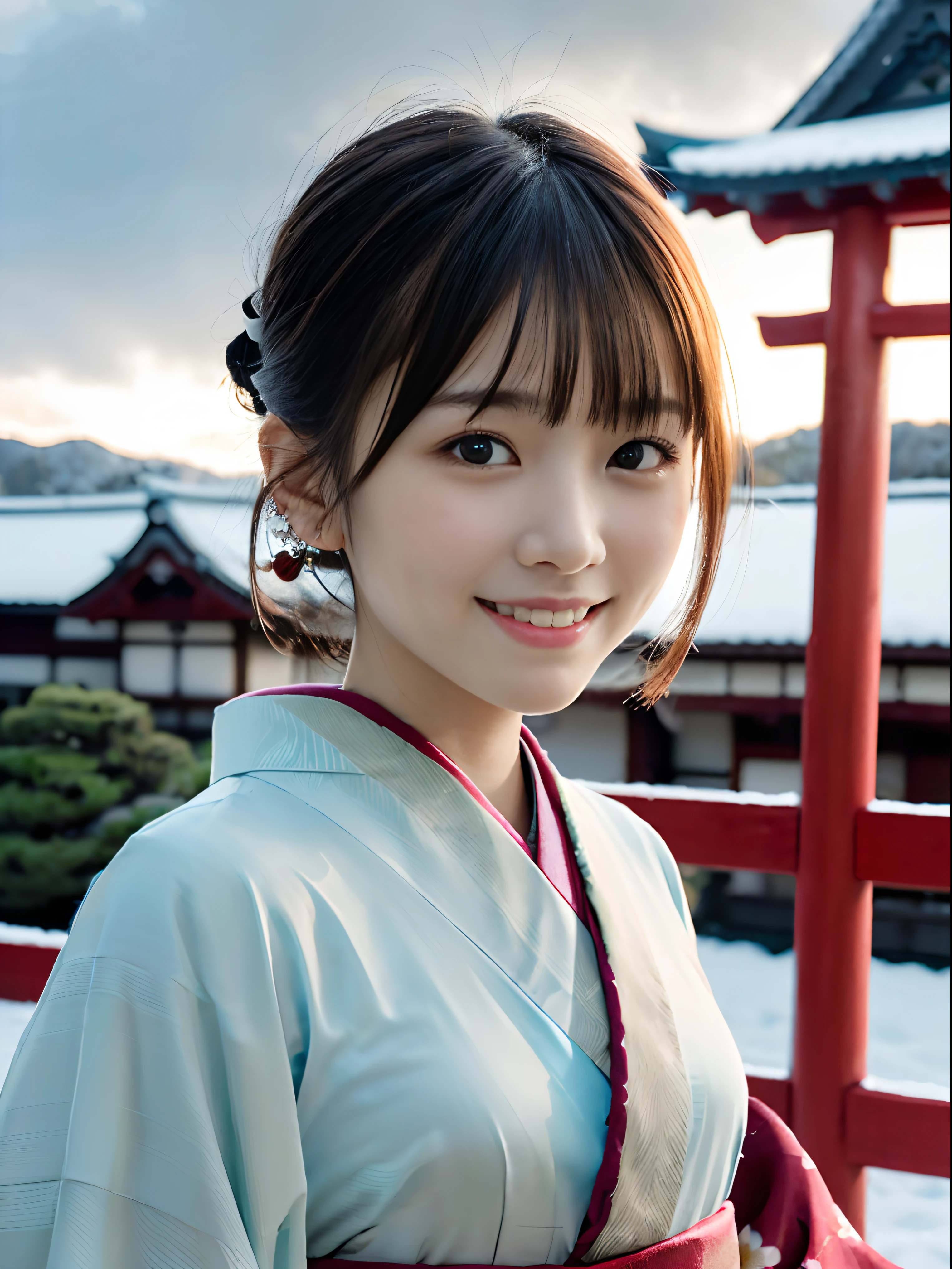 (Close up portrait of girl with dull bangs dumpling hair in beautiful glamorous kimono:1.5)、(One of the girls worshipping the shrine of Japan with a smile:1.3)、(A shrine in Japan with a winter sky:1.5)、(Perfect Anatomy:1.3)、(No mask:1.3)、(complete fingers:1.3)、Photorealistic、Photography、masutepiece、top-quality、High resolution, delicate and pretty、face perfect、Beautiful detailed eyes、Fair skin、Real Human Skin、pores、((thin legs))、(Dark hair)