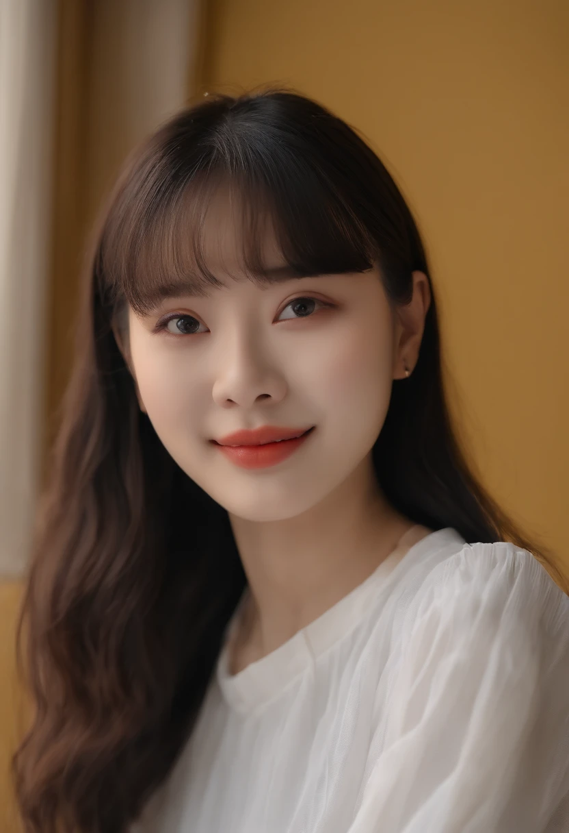 top-quality, Photorealsitic, masterpiece, 8K, Hi-Res, 独奏, 1girl, (((infp young woman))),sixteen years old、full bodyesbian、(small tits), ((Look at viewers)), (look at a camera), ((Various hairstyles close to long))、Perfect straight black hair、With bangs、 (profetional lighting), Highly detailed bright face、Gentle Japan girl、Lovely smile face yellow t-shirt(long-sleeve)、Checked pleated skirt、Standing in front of a white wall