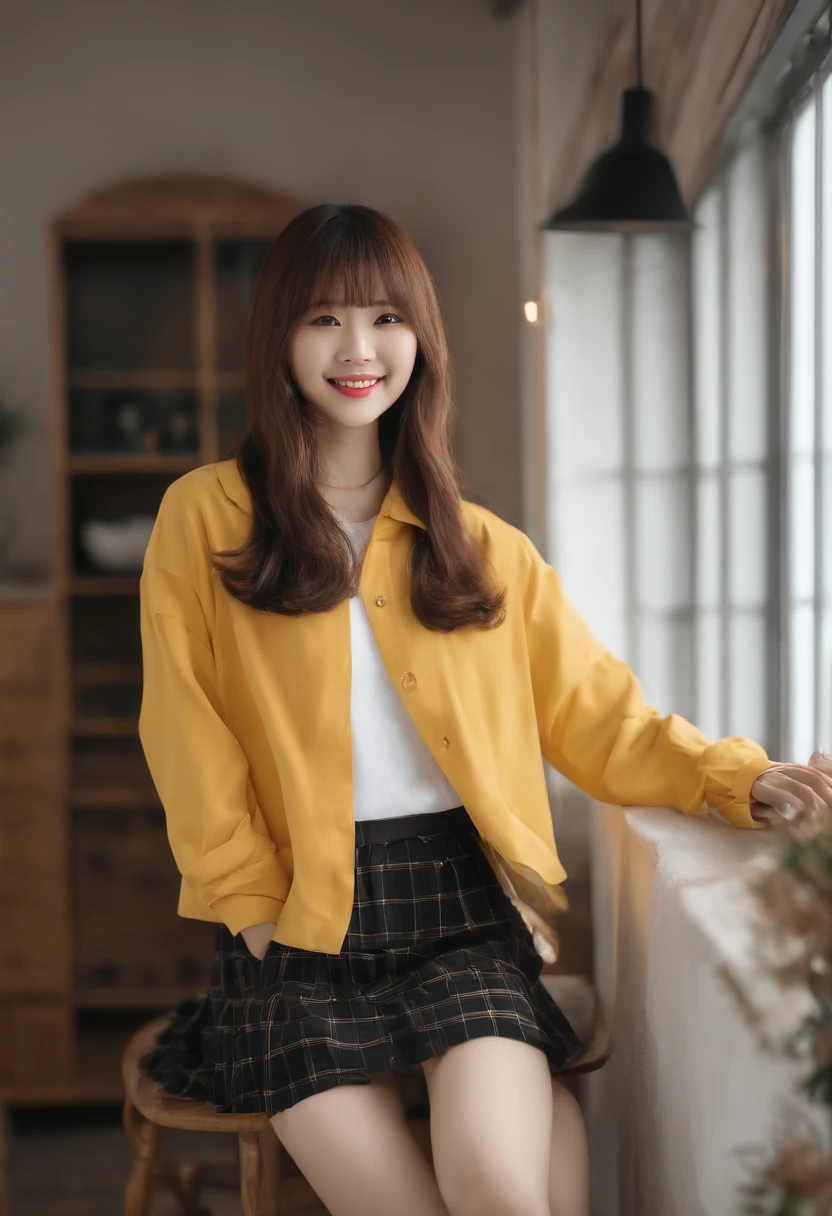 top-quality, Photorealsitic, ​masterpiece, 8K, Hi-Res, 独奏, 1girl, (((infp young woman))),sixteen years old、full bodyesbian、(small tits), ((Look at viewers)), (look at a camera), ((Various hairstyles close to long)）、Perfect straight black hair、With bangs、 (profetional lighting), Highly detailed bright face、Gentle Japan girl、Lovely smile face yellow t-shirt（long-sleeve）、Checked pleated skirt、Standing in front of a white wall