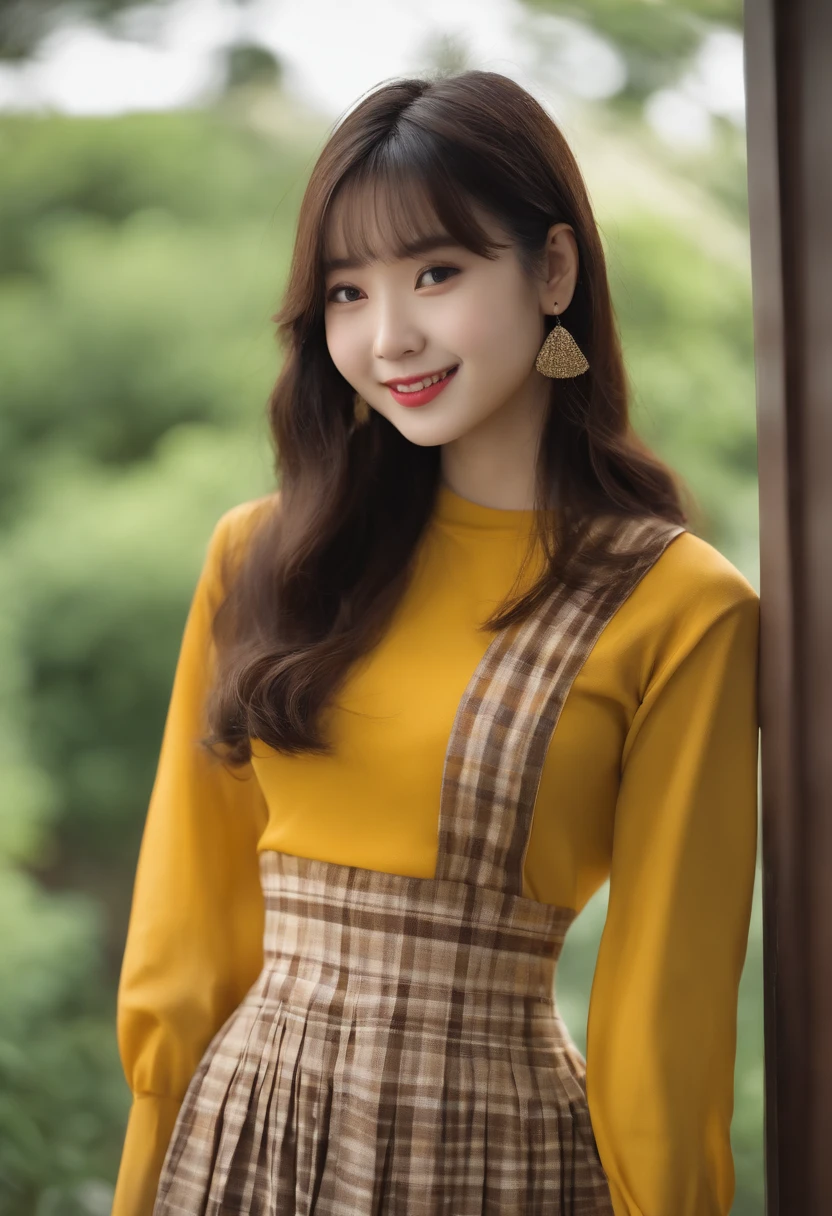 top-quality, Photorealsitic, masterpiece, 8K, Hi-Res, 独奏, 1girl, (((infp young woman))),sixteen years old、full bodyesbian、(small tits), ((Look at viewers)), (look at a camera), ((Various hairstyles close to long))、Perfect straight black hair、With bangs、 (profetional lighting), Highly detailed bright face、Gentle Japan girl、Lovely smile face yellow t-shirt(long-sleeve)、Checked pleated skirt、Standing in front of a white wall