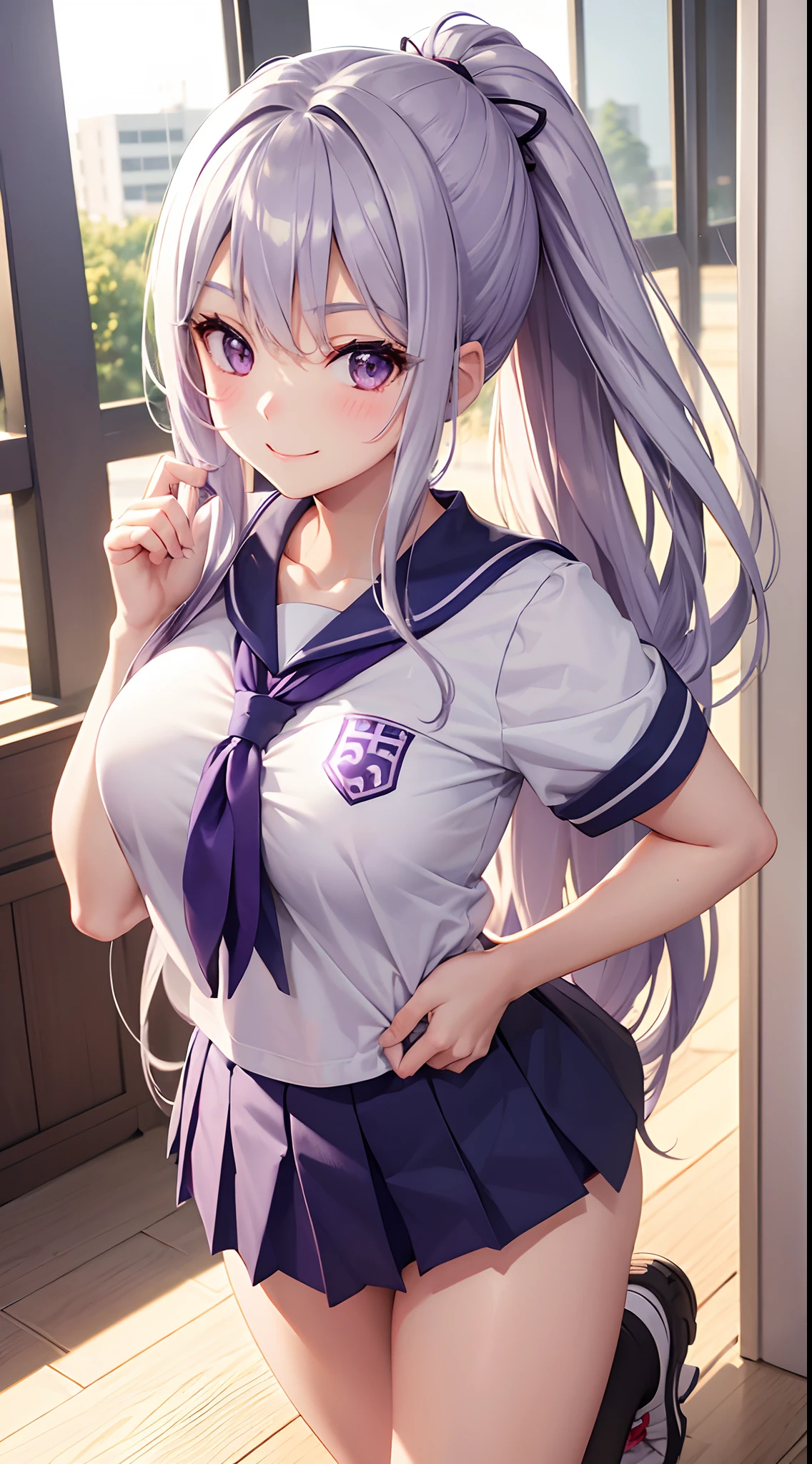 1 girl, japanese PE uniform, school, long silver hair, purple colour eyes, smiling, excited, beautiful, pale skin, perfect body figure, normal breast 1:3, cute