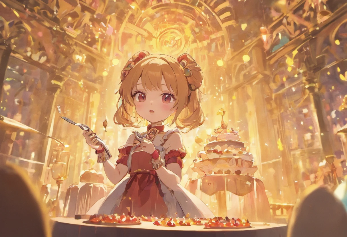 Cute kawaii cake girl small girl holds fork princess