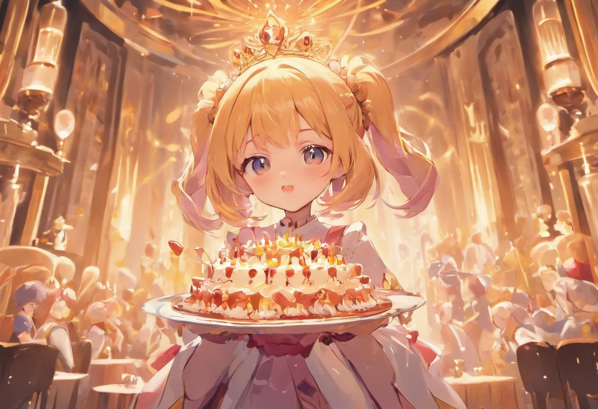 Cute kawaii cake girl holds fork princess