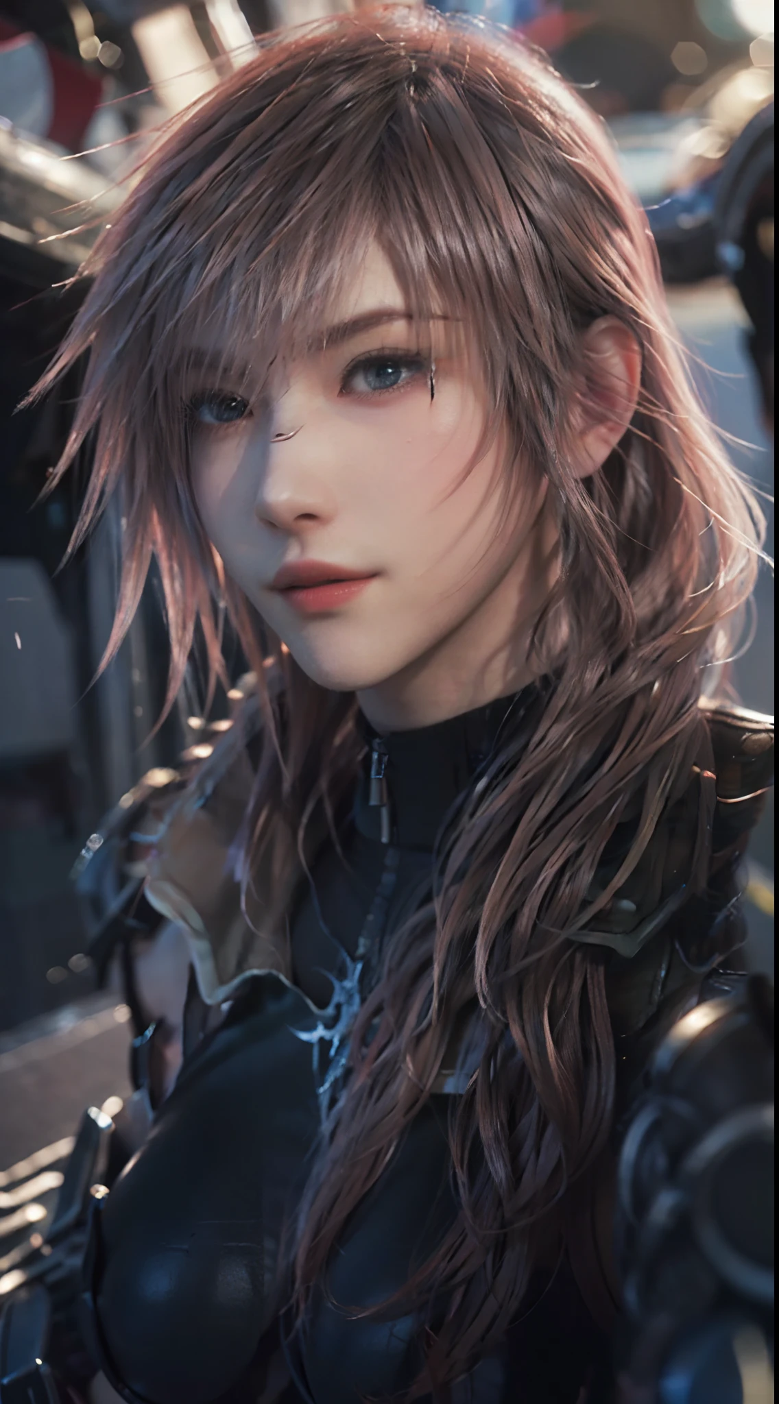 Trending on ArtStation, Trending on CGSociety, Intricate, High Detail, Sharp Focus, f 1.8, Dramatic, starry night sky, Lightning of Final Fantasy XIII, Lightning's original Final fantasy XII costume, red and black themed costume, looking at the camera, closed-mouth smile,20 years old, mature looking, Realistic Art of Drawing by Midjourney and Greg Rutkowski, Sketch, Masterpiece, Best Quality, short black hair, Very Detailed, 1female, Half-body, head to bust image scope, standing position, Beautiful Meticulous Eyes, Cute Face, Bust, big bossoms, Beautiful Meticulous Face, (Botanical Illustration: 1.5), no pornographical exposure, bigger breasts