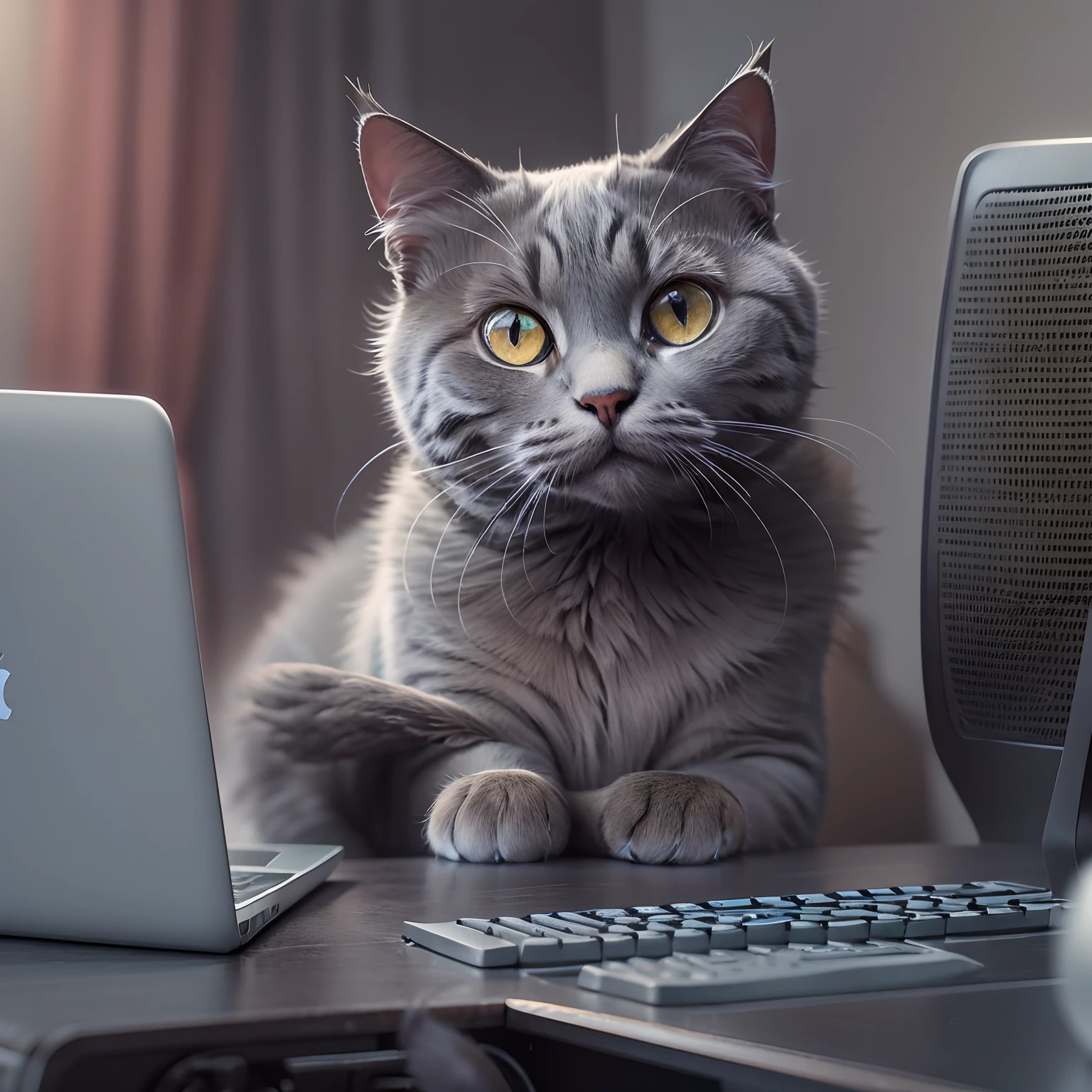 1 Chartreux cat,  with round eyes , type with the keyboard, matrix style, Sitting in the chair in front of the MAC, Dynamic Angle, Best Quality, 4K,